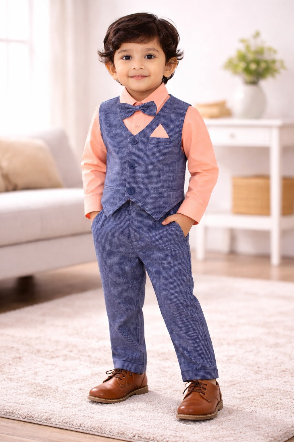 "Baby Boys Orange Shirt & Blue Waistcoat Party Wear 3-Piece Set with Bow Tie"