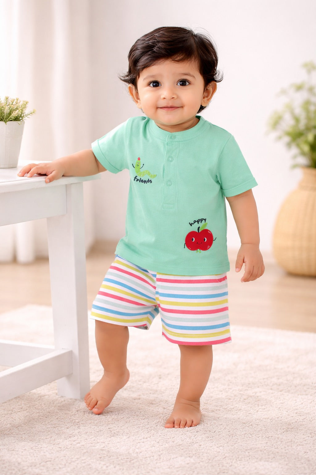 “Baby Boys Cotton Clothing Set – Green Henley T-shirt & Multi-Stripe Shorts"