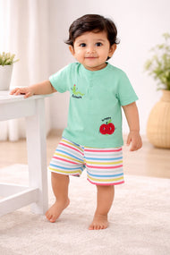 “Baby Boys Cotton Clothing Set – Green Henley T-shirt & Multi-Stripe Shorts"