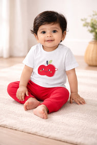 “Baby Boys Cotton T-Shirt & Jogger Pants Set | Cute Apple Appliqué Design"
