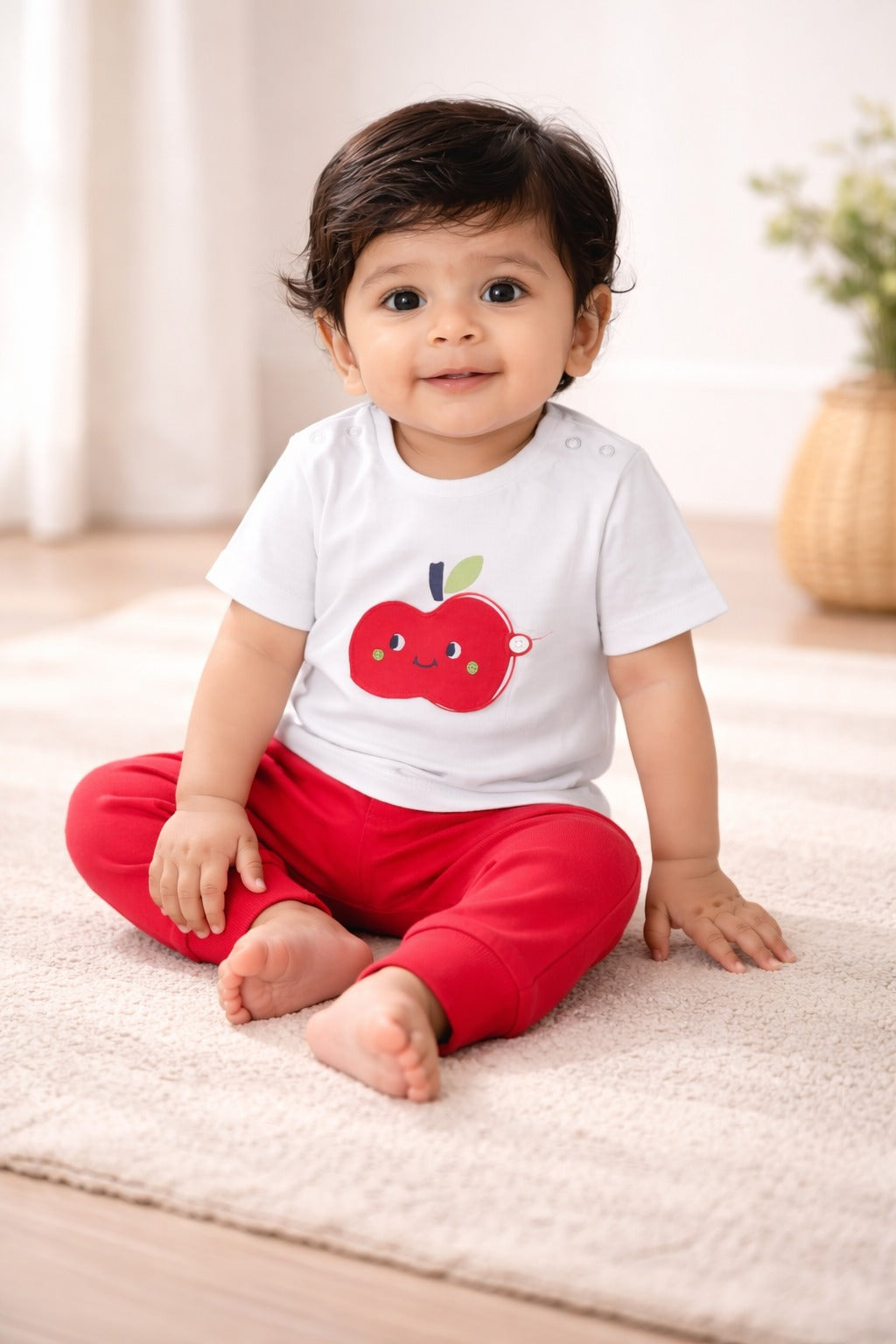“Baby Boys Cotton T-Shirt & Jogger Pants Set | Cute Apple Appliqué Design"