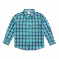"Baby Boys' Full Sleeve Checked Cotton Shirt – Teal & Navy Blue Plaid with Front Pocket"