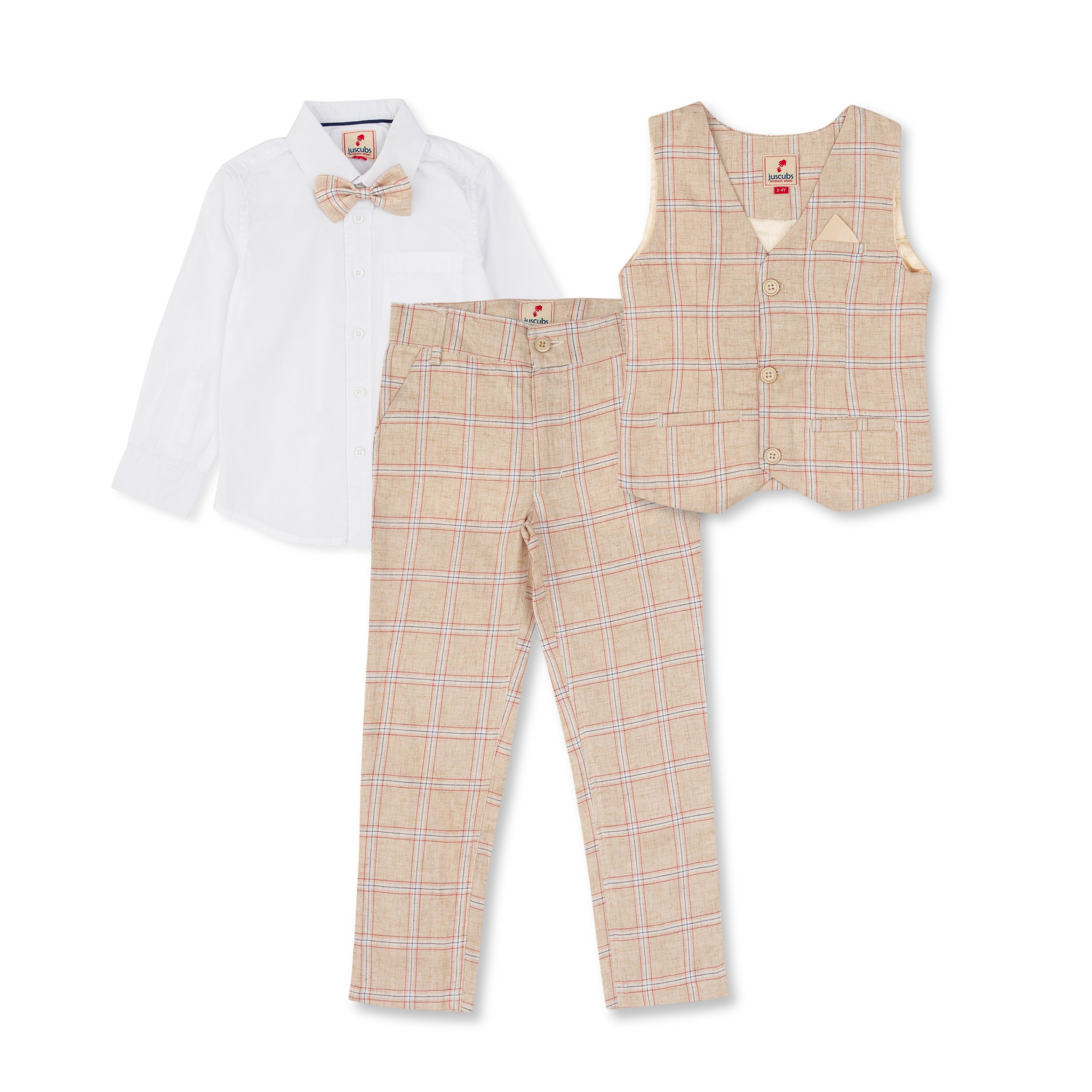 Baby Boys Full Sleeves Checked Coat Suit Set - Beige - Juscubs
