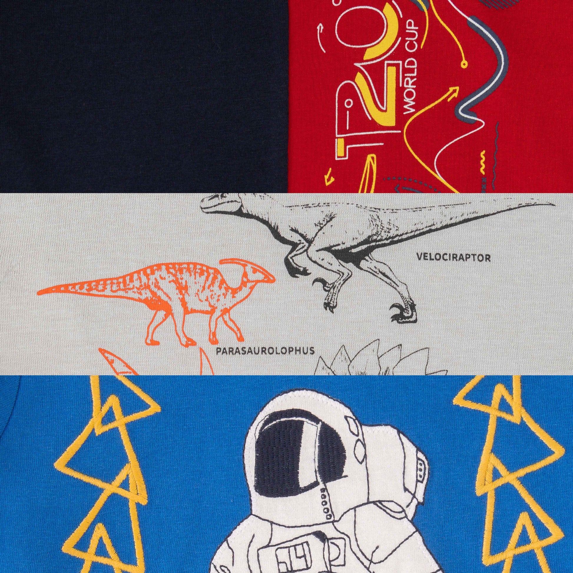 Baby "Boys' Printed Cotton Full Sleeve T-Shirt - Pack of 3 (Astronaut, Dinosaur, Abstract Designs)"