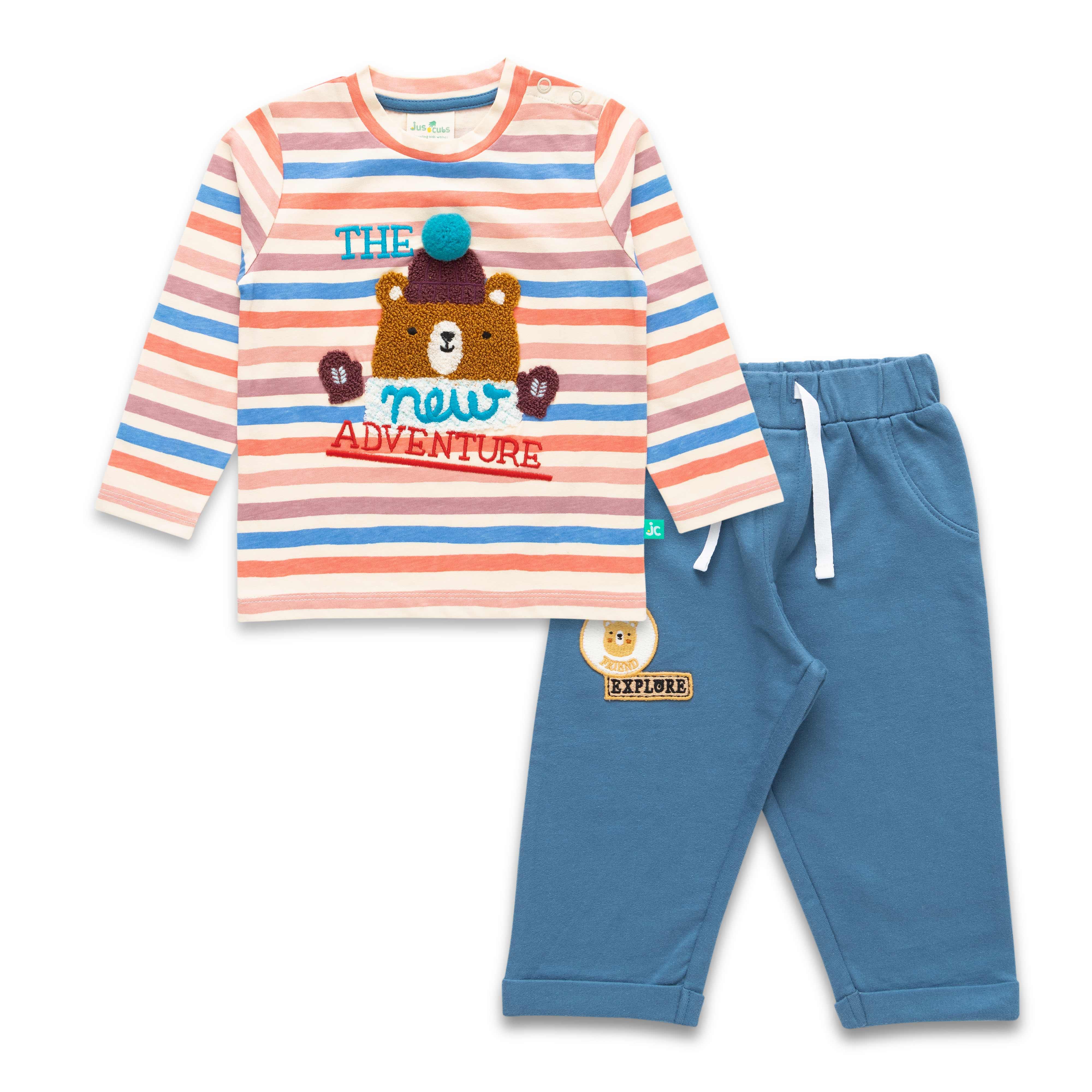 Baby Boys Striped & Graphic Printed T Shirt And Solid Jogger Pant - Juscubs
