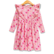 Baby Girls' Pink Butterfly Print Ruffle Dress – Long Sleeve Cotton Casual Wear