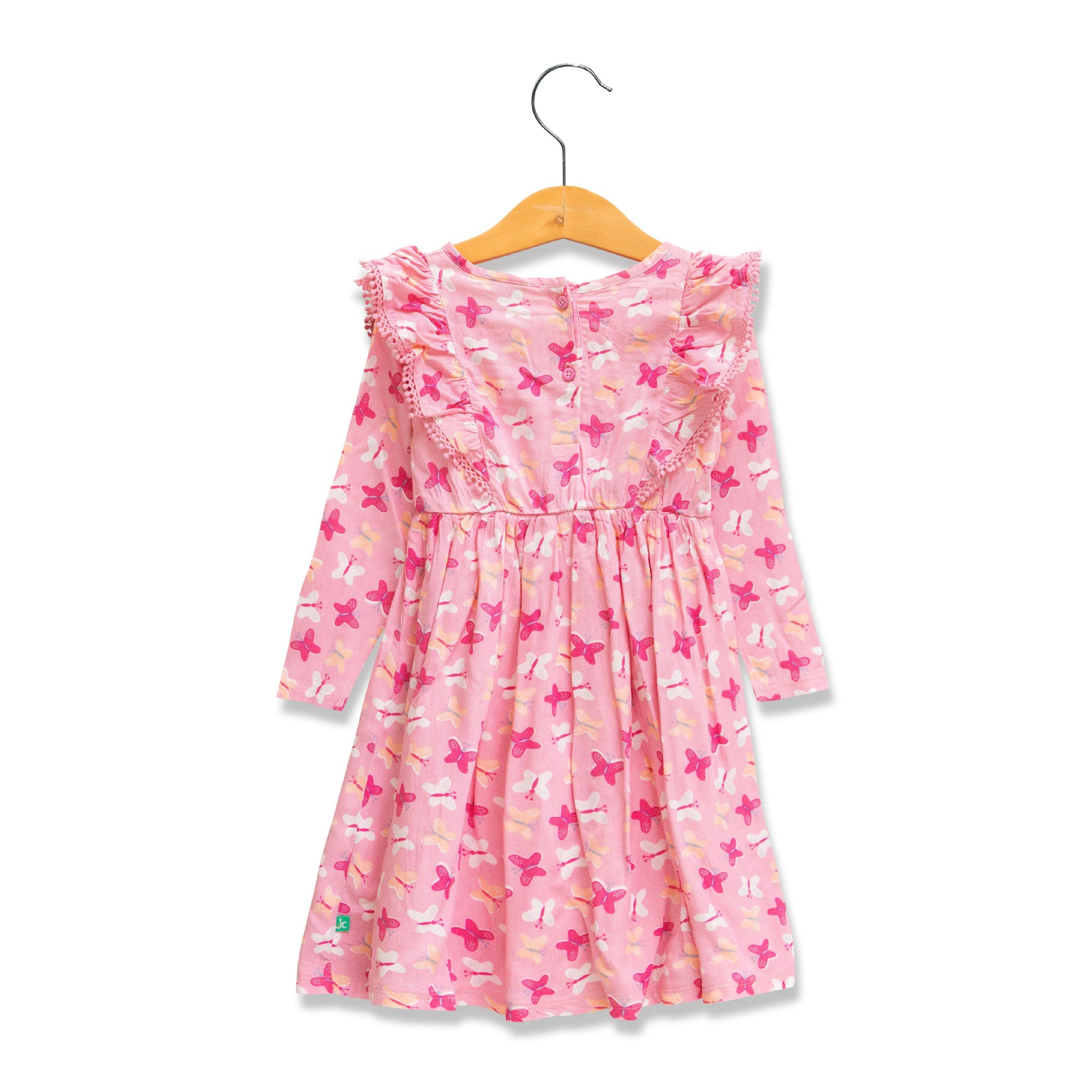 Baby Girls' Pink Butterfly Print Ruffle Dress – Long Sleeve Cotton Casual Wear