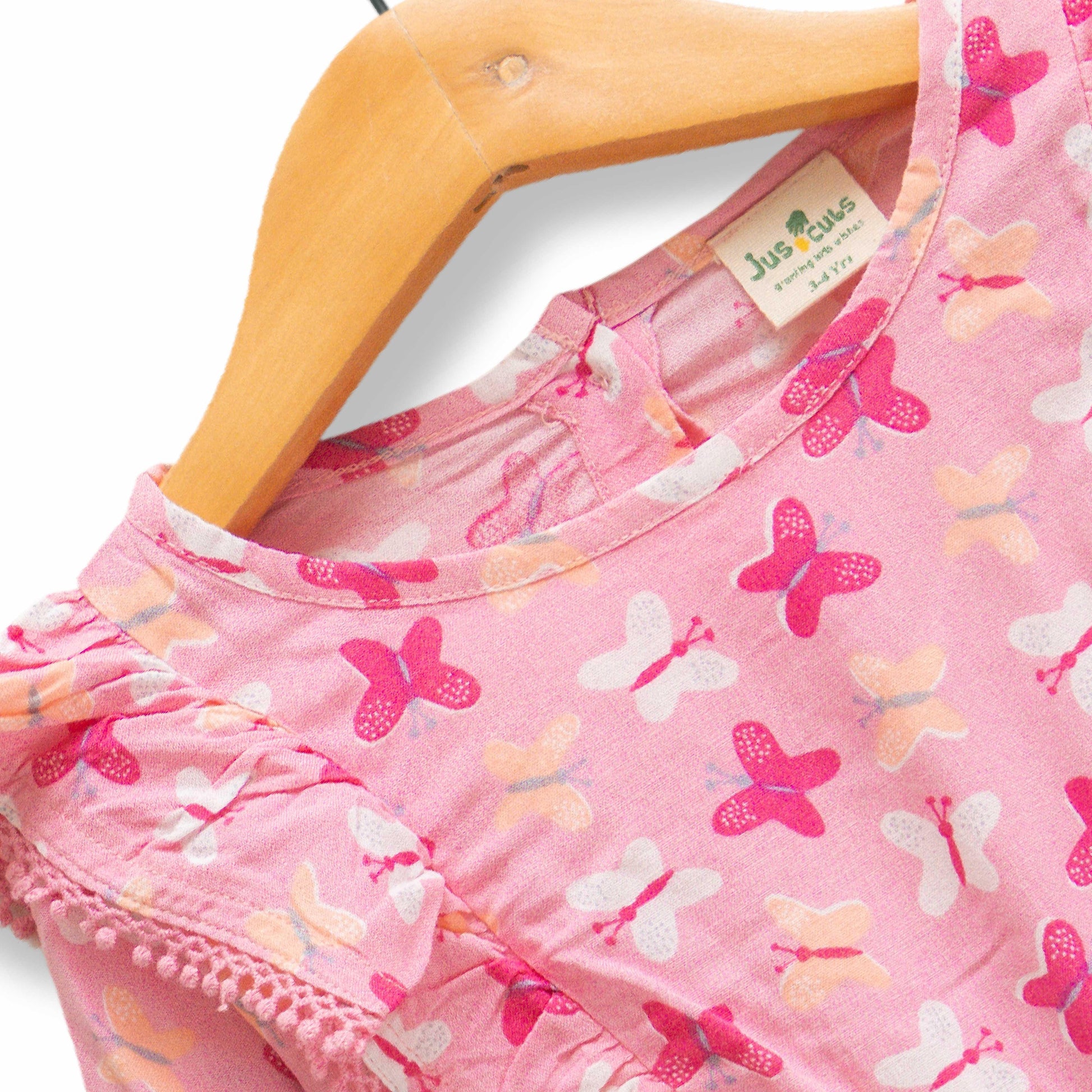 Baby Girls' Pink Butterfly Print Ruffle Dress – Long Sleeve Cotton Casual Wear