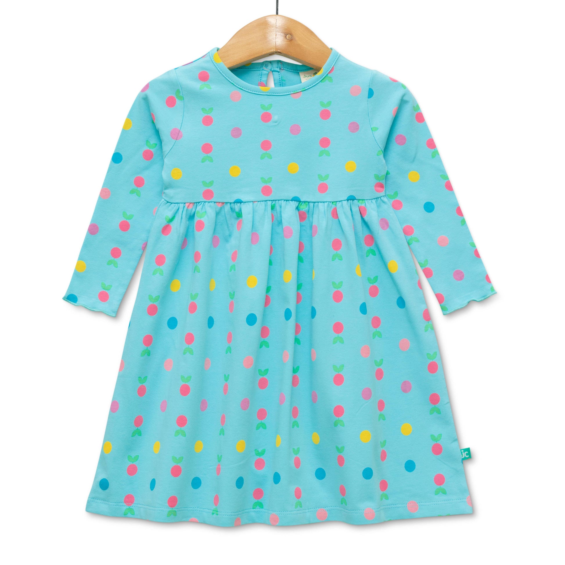 Baby Girls' Long Sleeve Polka Dot & Cherry Print Dress – Aqua Blue Casual Wear