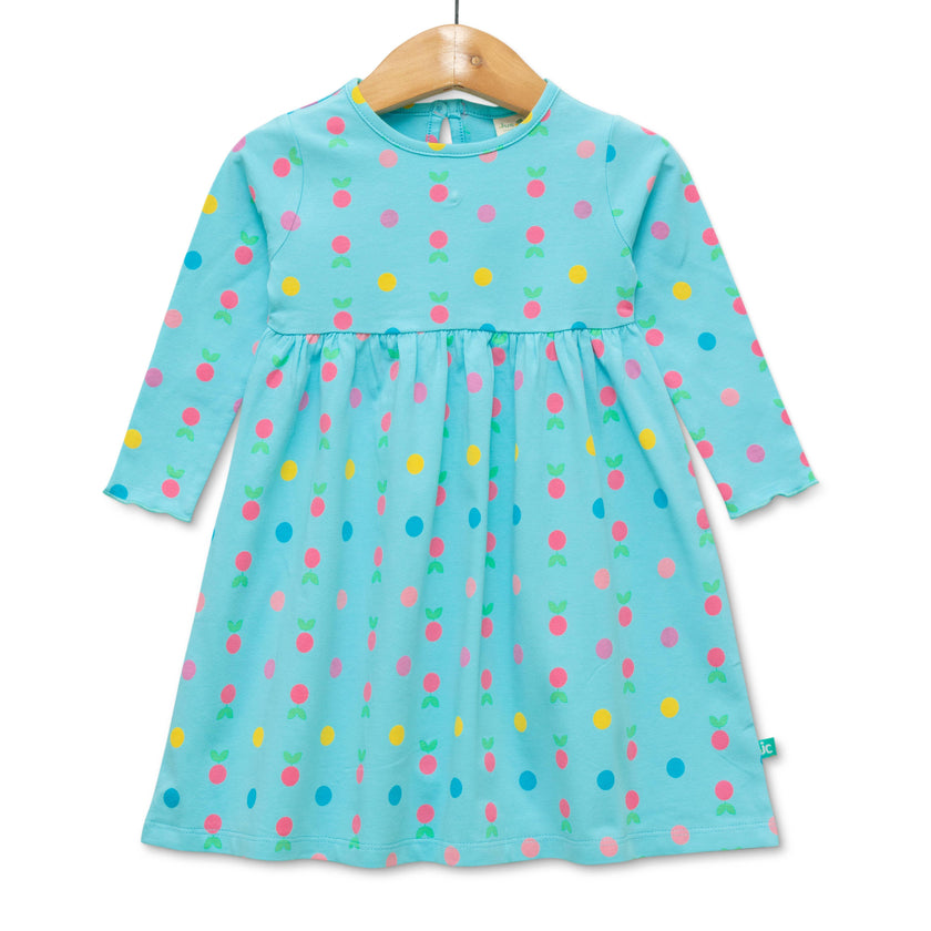 Baby Girls' Long Sleeve Polka Dot & Cherry Print Dress – Aqua Blue Casual Wear