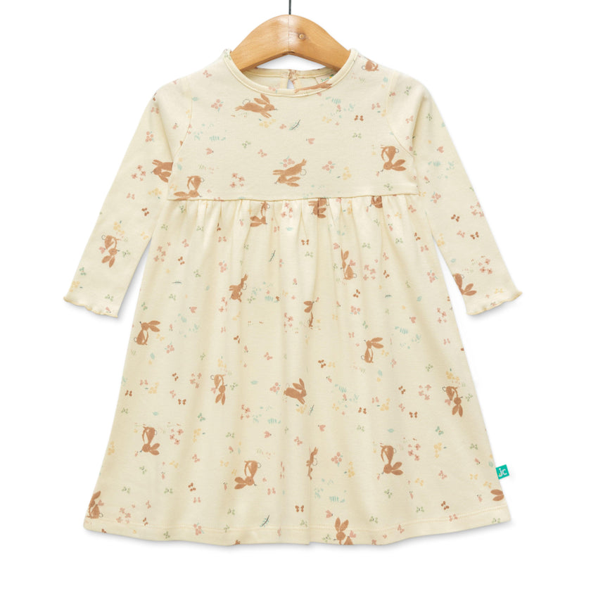 Baby Girls' Long Sleeve Cotton Dress – Cream Bunny & Floral Print