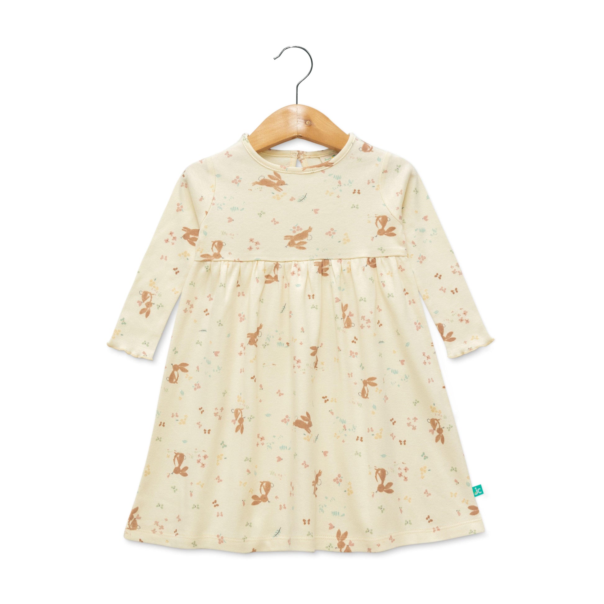 Baby Girls' Long Sleeve Cotton Dress – Cream Bunny & Floral Print