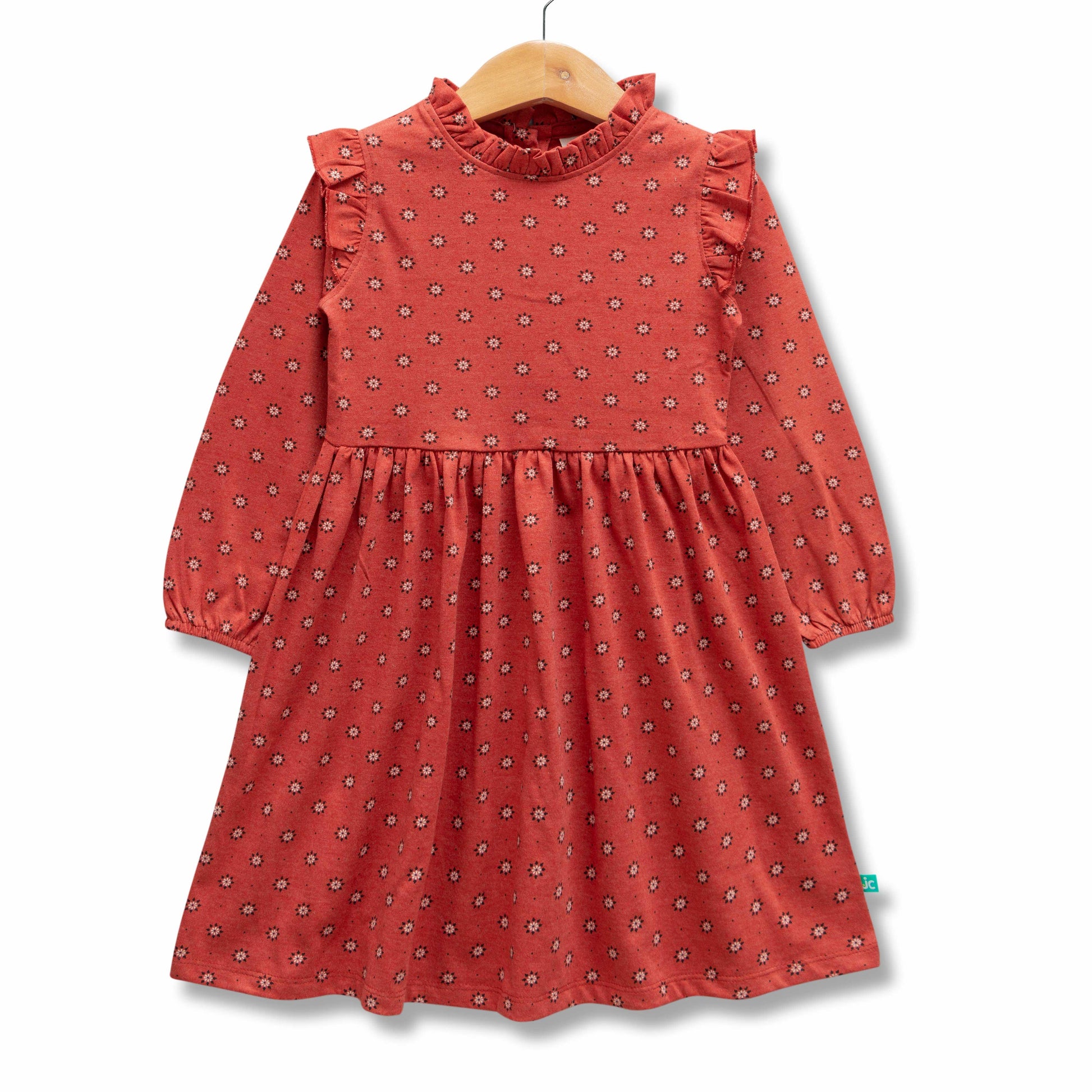 "Baby Girls' Red Floral Print Cotton Dress with Ruffle Details and Long Sleeves"