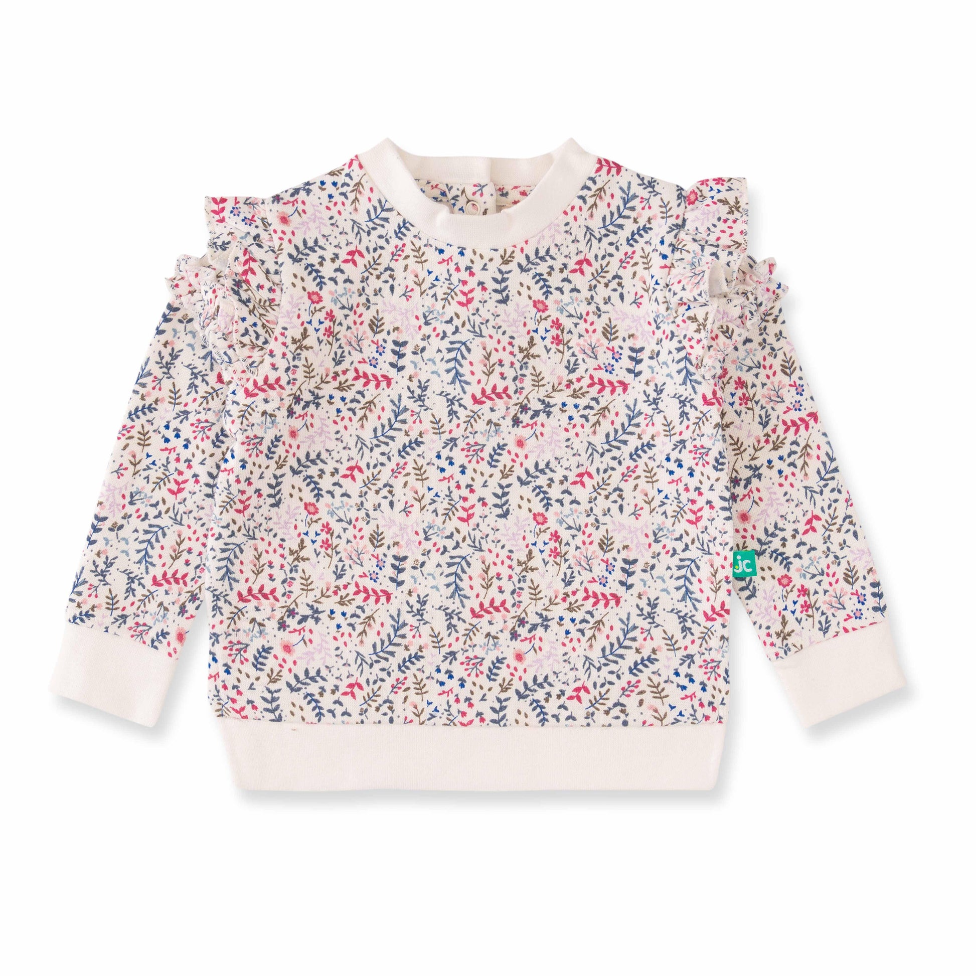 "Girls' Floral Print Ruffle Shoulder Sweatshirt – Long Sleeve Cotton Pullover"