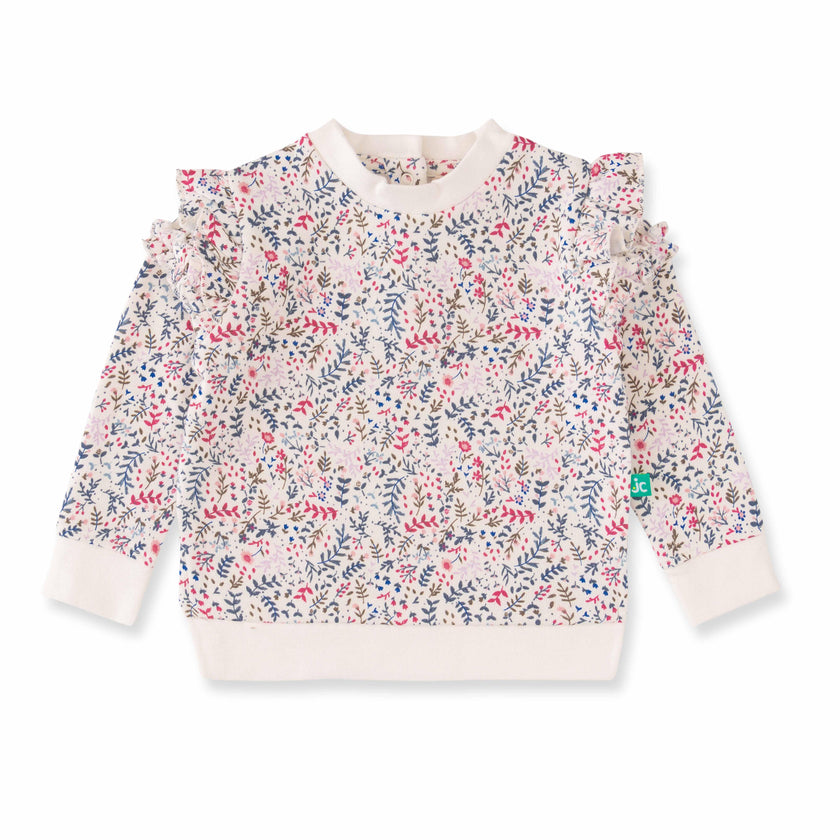 "Girls' Floral Print Ruffle Shoulder Sweatshirt – Long Sleeve Cotton Pullover"