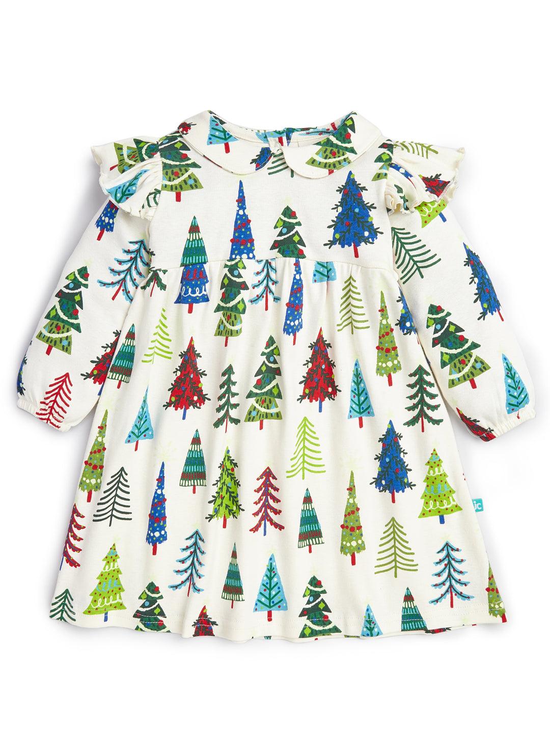 Baby Girls All Over X-Mas Tree Printed Peter Pen Collar Neck Dress - Juscubs