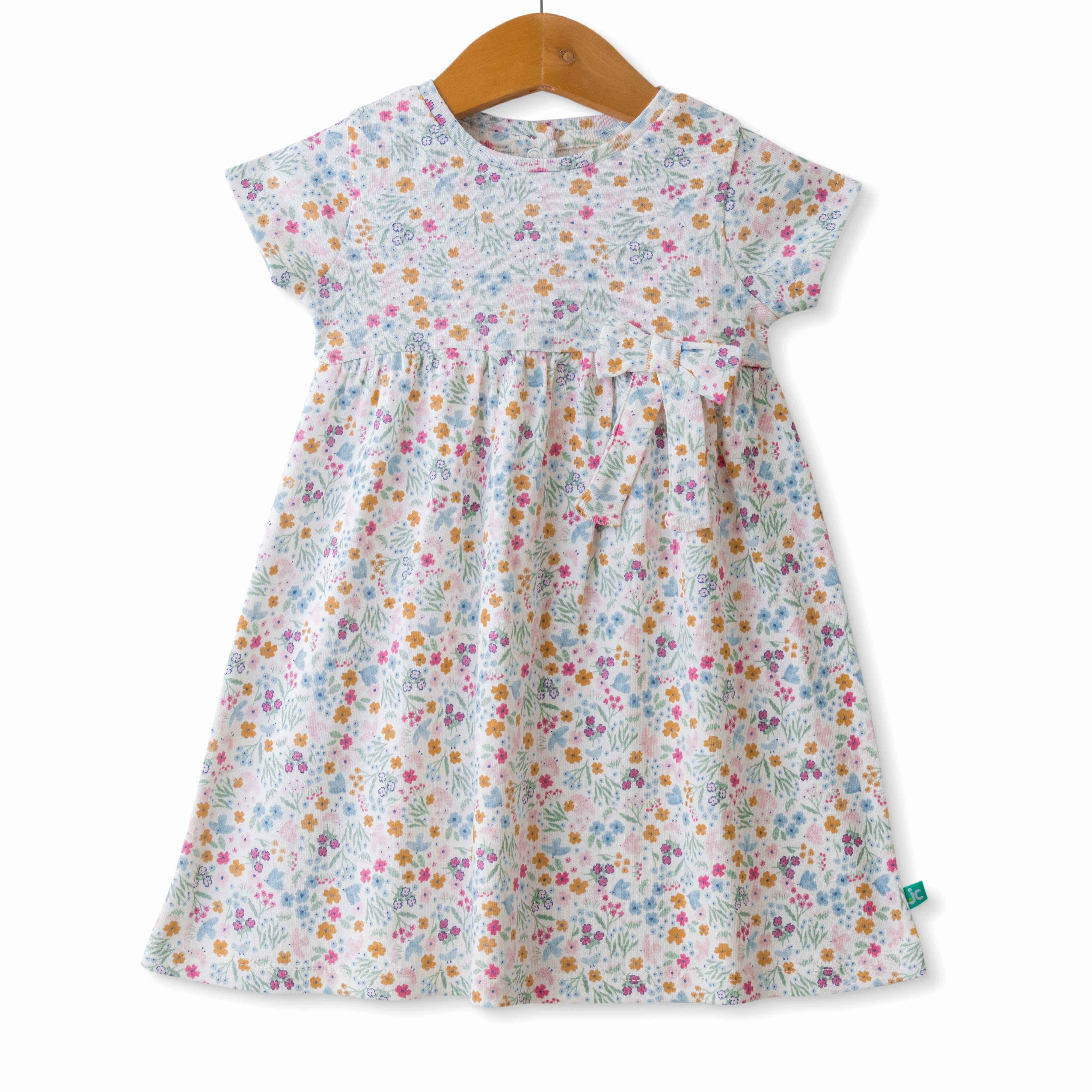 Baby Girls Flowers Printed Below Knee Casual Dress - White - Juscubs