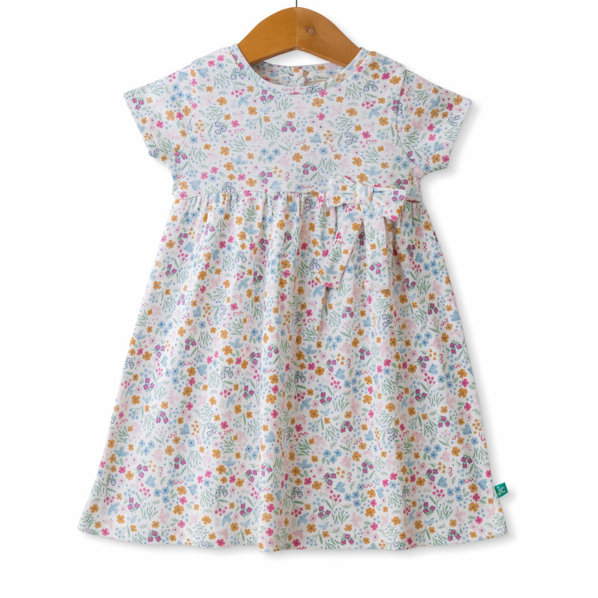 Baby Girls Flowers Printed Below Knee Casual Dress - White