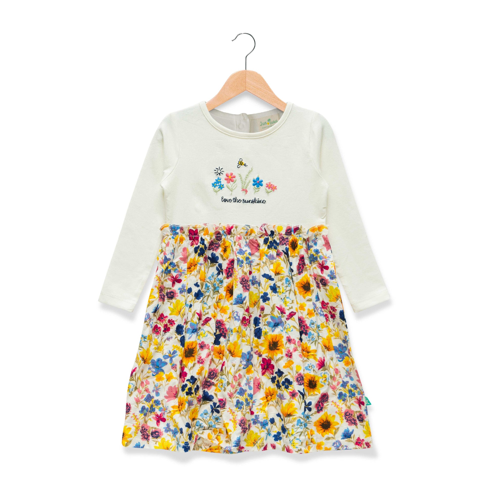 "Baby Girls' White Long Sleeve Dress with Colorful Floral Skirt – Love the Sunshine Print"