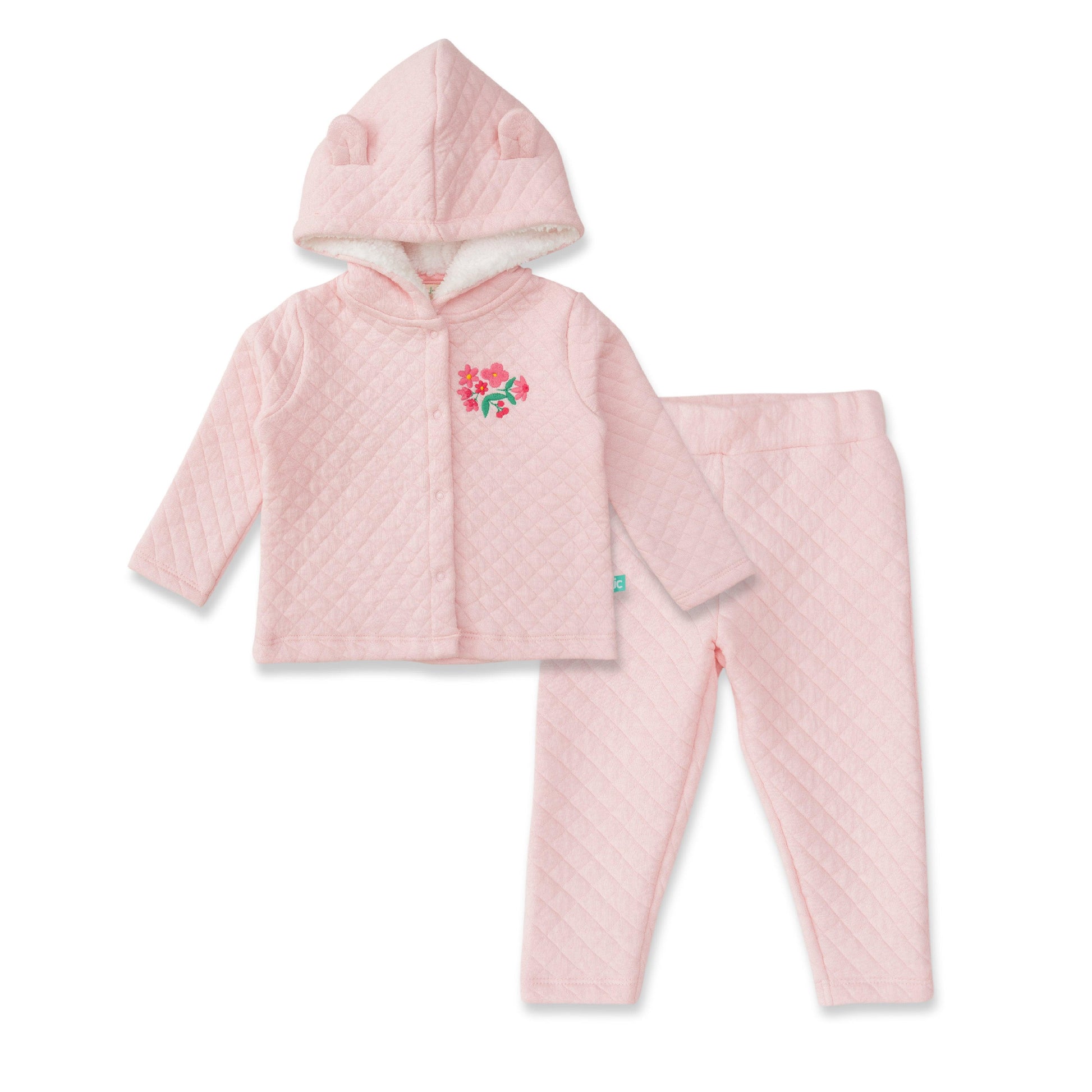 "Baby Girls' Quilted Pink Winter Set – Hooded Jacket & Pants with Floral Embroidery"
