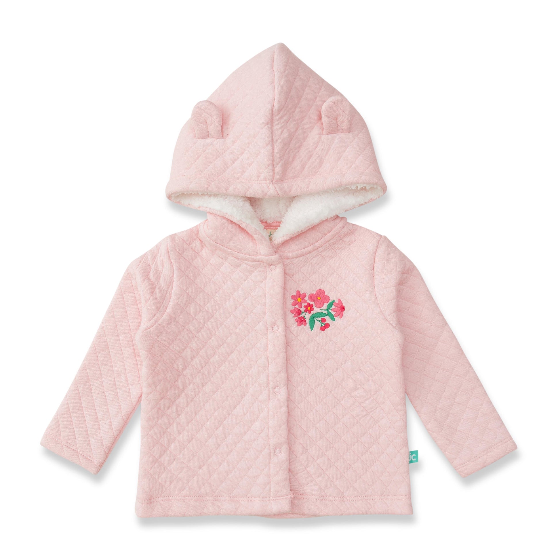 "Baby Girls' Quilted Pink Winter Set – Hooded Jacket & Pants with Floral Embroidery"