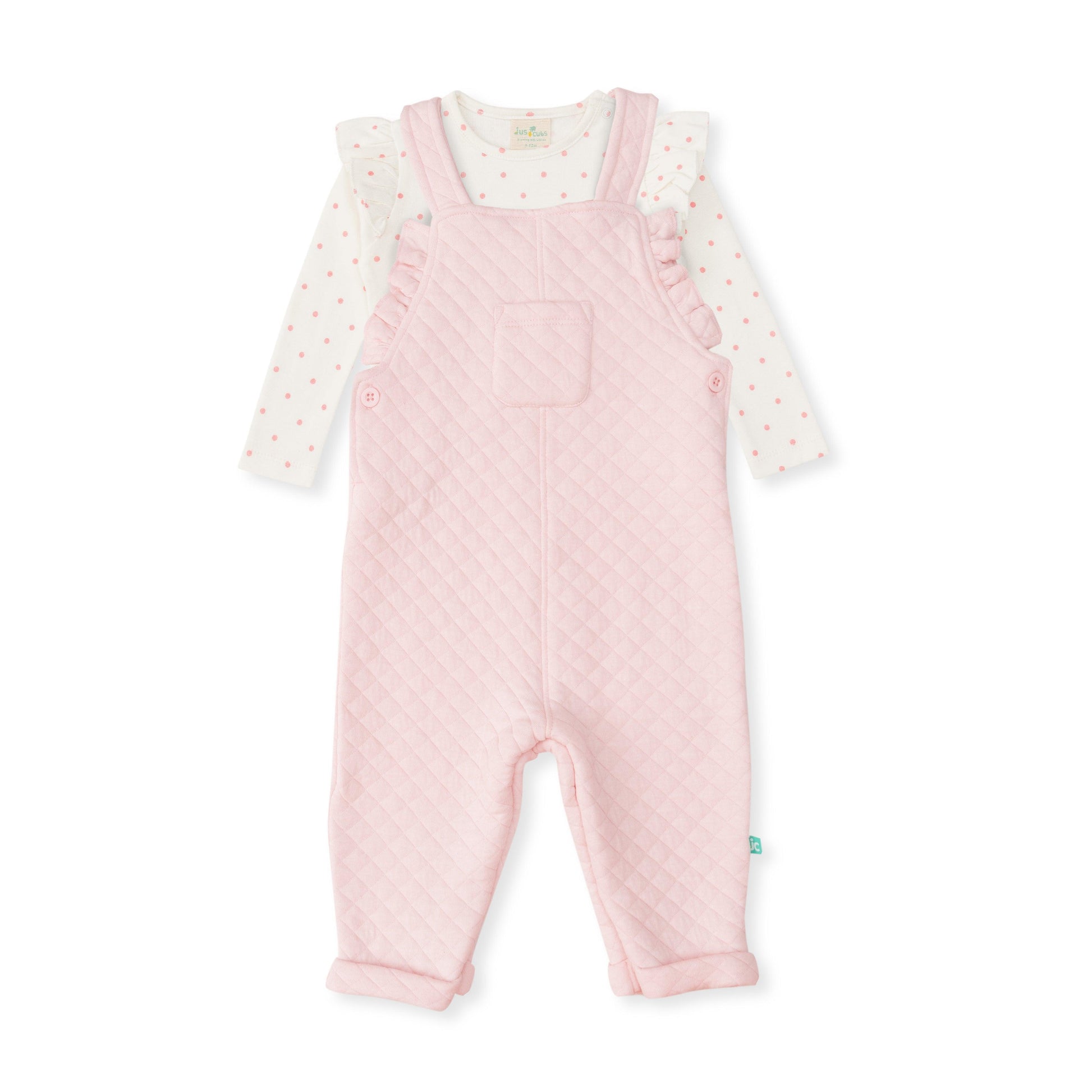 "Baby Girls' Quilted Pink Overalls with Ruffle Sleeve Polka Dot Top – 2-Piece Set"