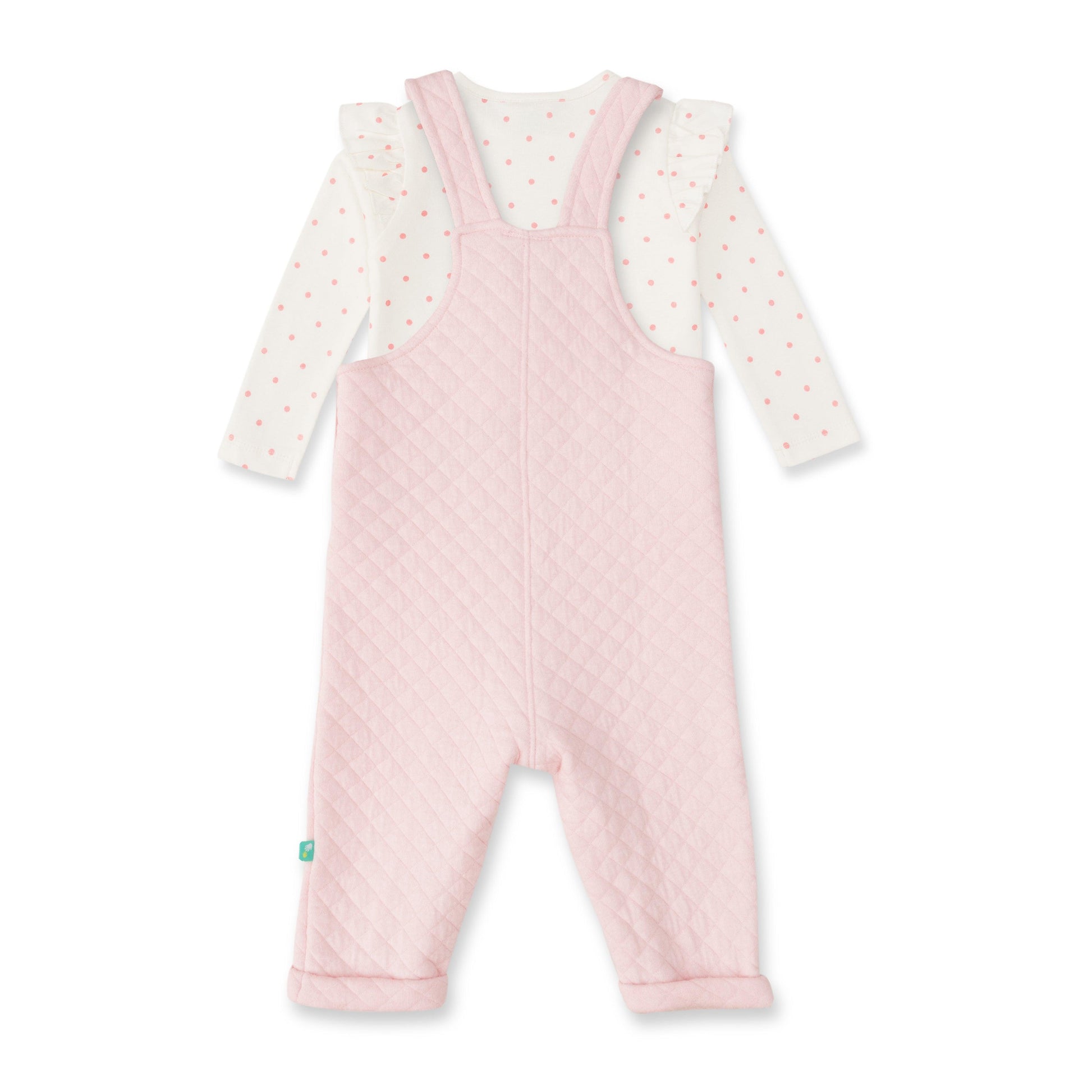 "Baby Girls' Quilted Pink Overalls with Ruffle Sleeve Polka Dot Top – 2-Piece Set"