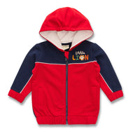 "Boys' Red & Navy 'Little Lion' Hooded Zip-Up Jacket – Soft Fleece Lining"