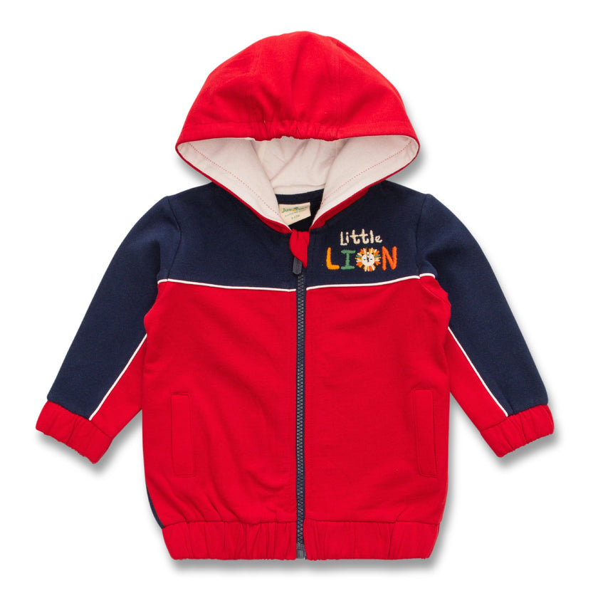 "Boys' Red & Navy 'Little Lion' Hooded Zip-Up Jacket – Soft Fleece Lining"