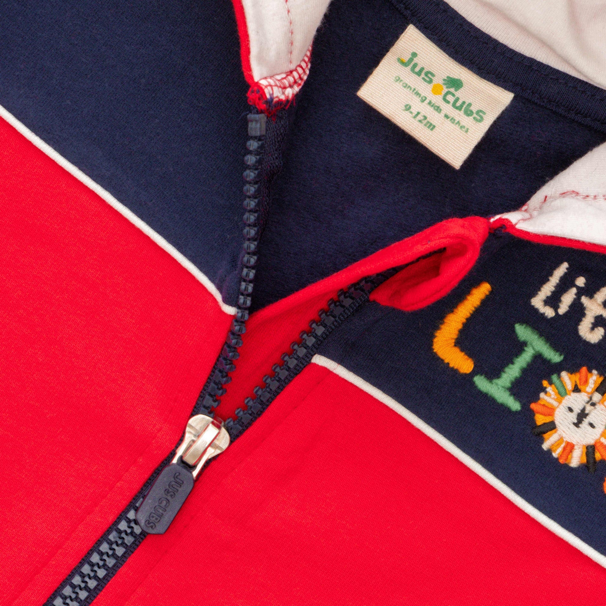 "Boys' Red & Navy 'Little Lion' Hooded Zip-Up Jacket – Soft Fleece Lining"