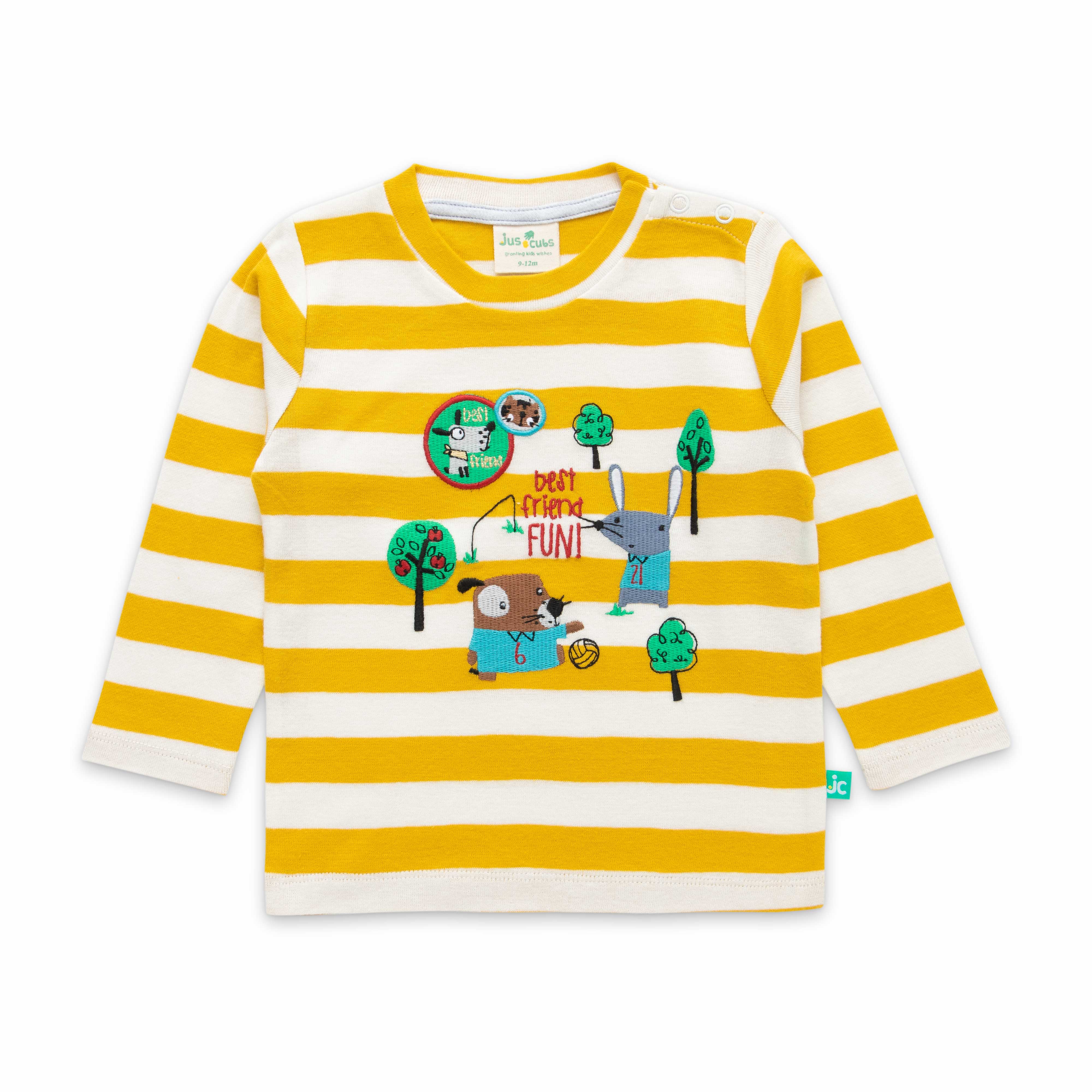 "Boys' Yellow Striped Top & Grey Jogger Pants Set – 'Best Friends Fun' Print"