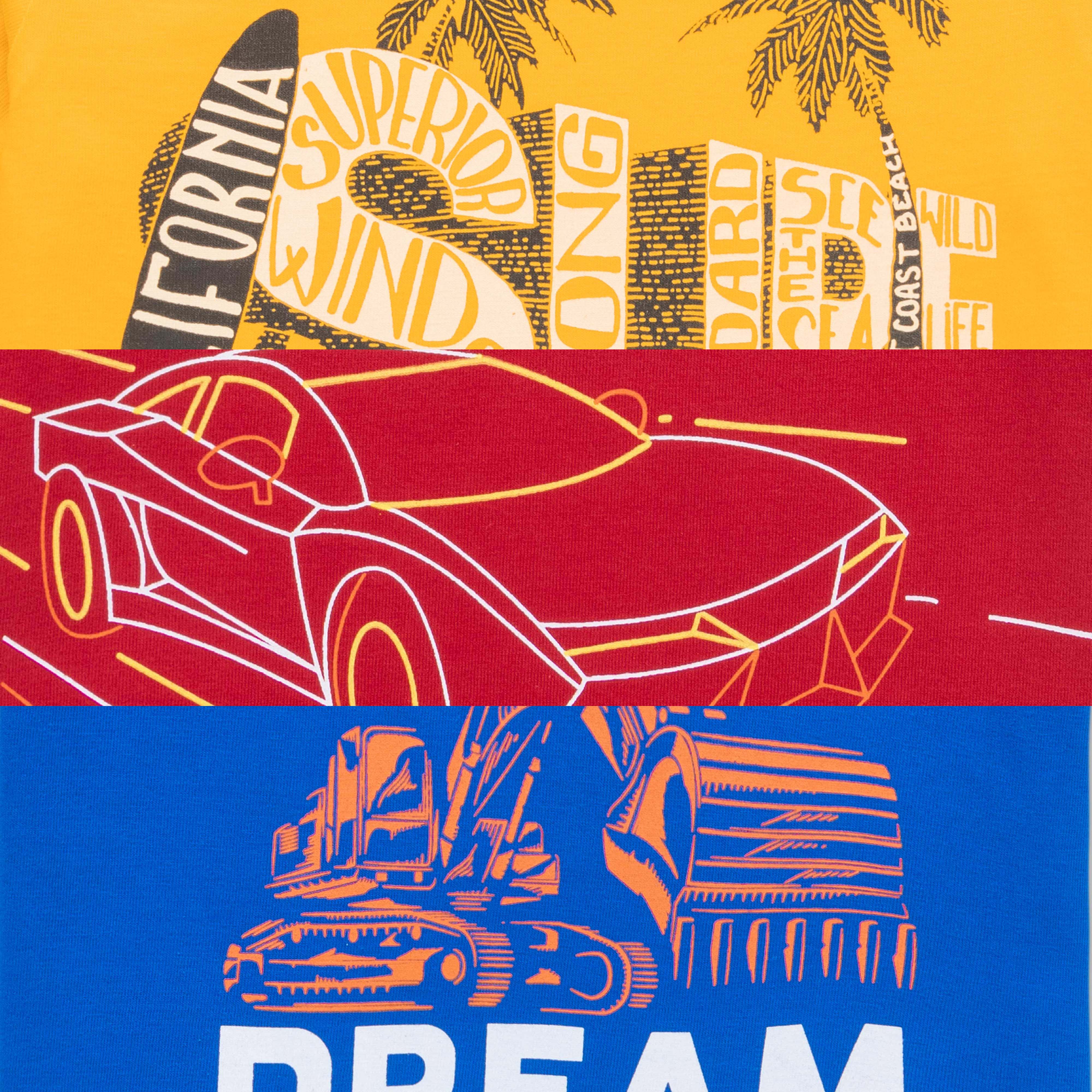 Boys' Graphic T-Shirt Pack – Set of 3 Cool Designs (Surf, Race Car, Construction Theme)