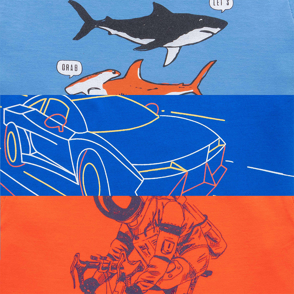 "Boys' Fun Graphic T-Shirt Combo – Pack of 3 (Shark, Astronaut & Race Car Prints)"