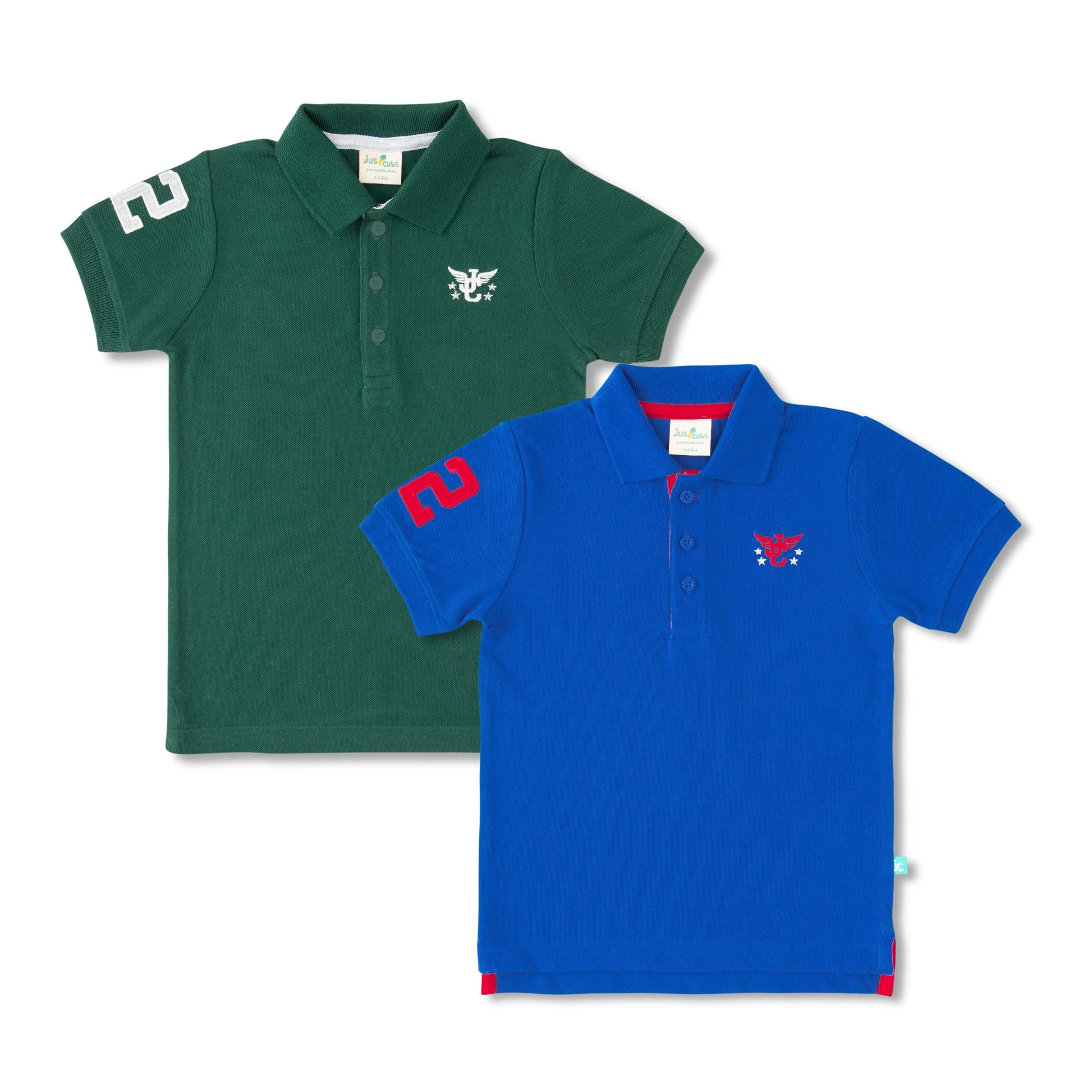 Boys' Pack of 2 Polo T-Shirts – Green & Blue with Embroidered Logo