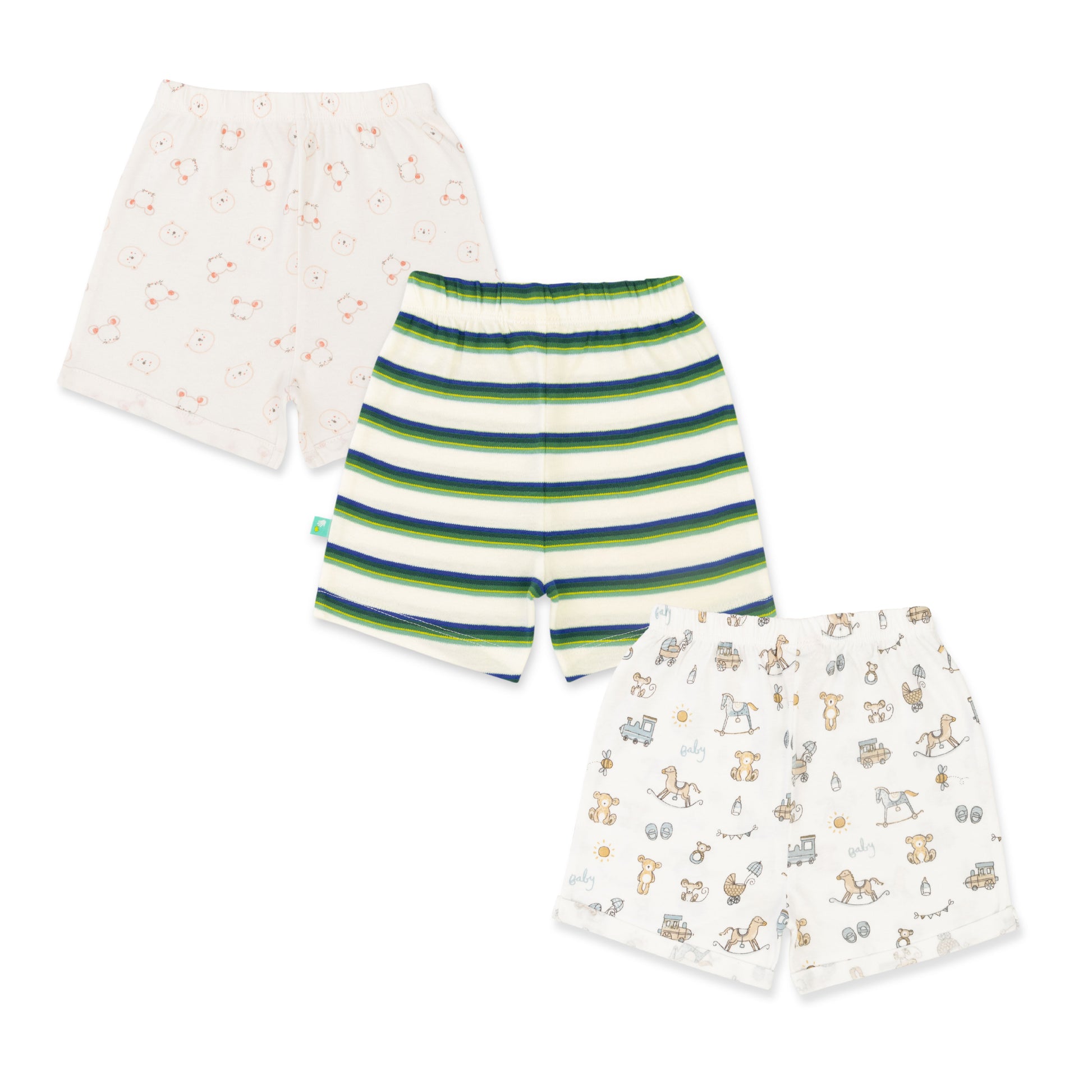 "Baby Boys' Combo Pack of 3 Cotton Shorts – Printed and Striped Designs"