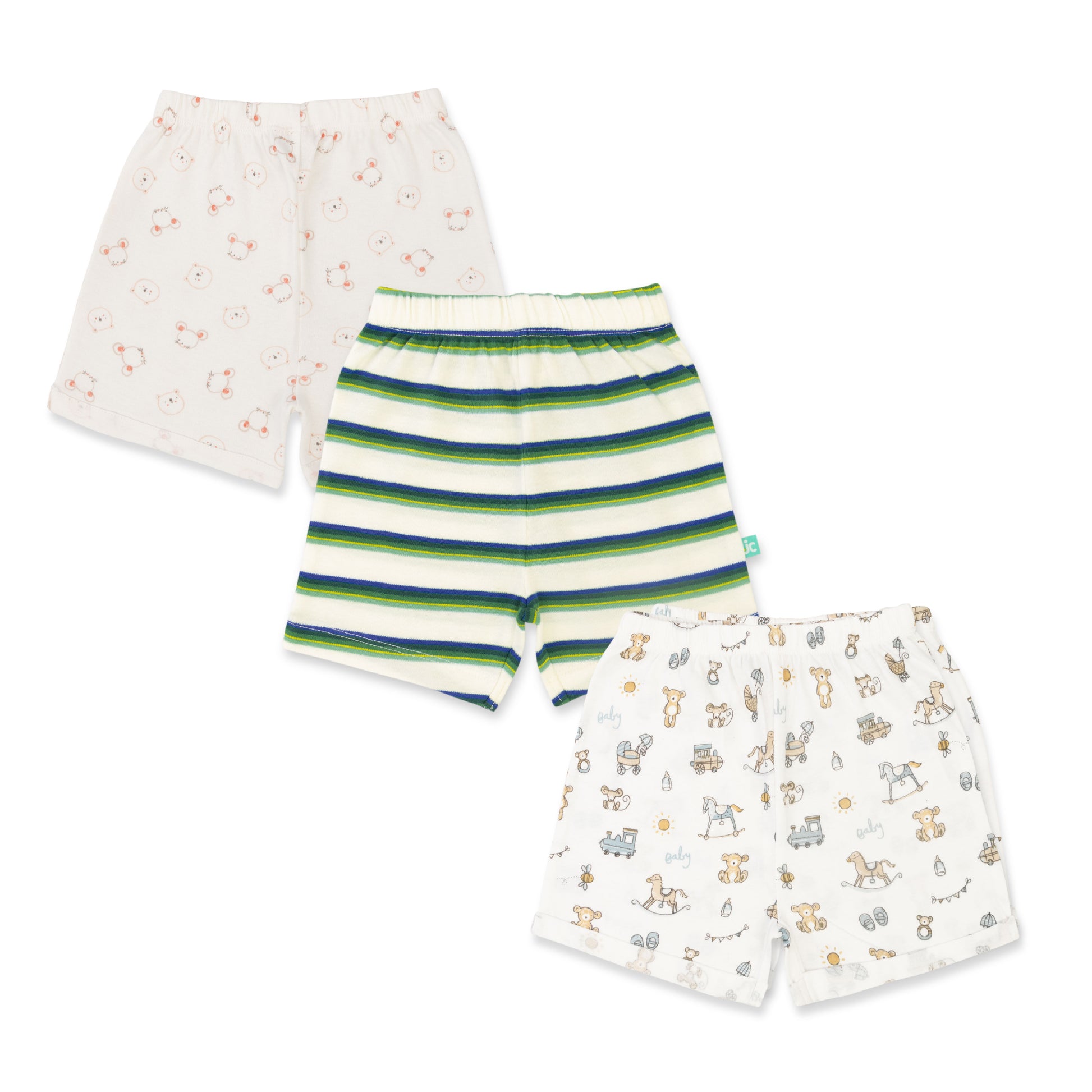 "Baby Boys' Combo Pack of 3 Cotton Shorts – Printed and Striped Designs"