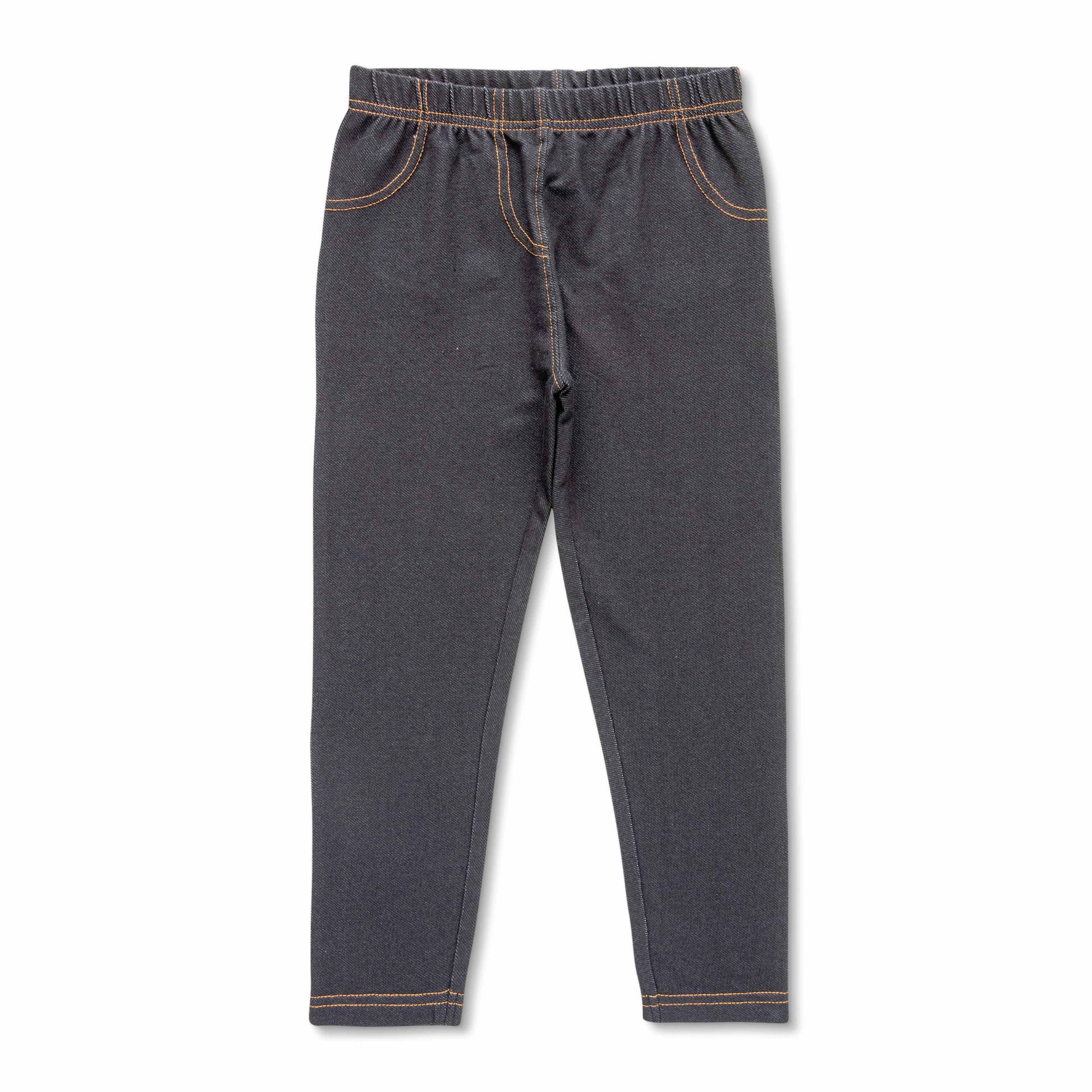 Girls' Black Jeggings – Stretch Leggings with Orange Contrast Stitch and Faux Denim Look