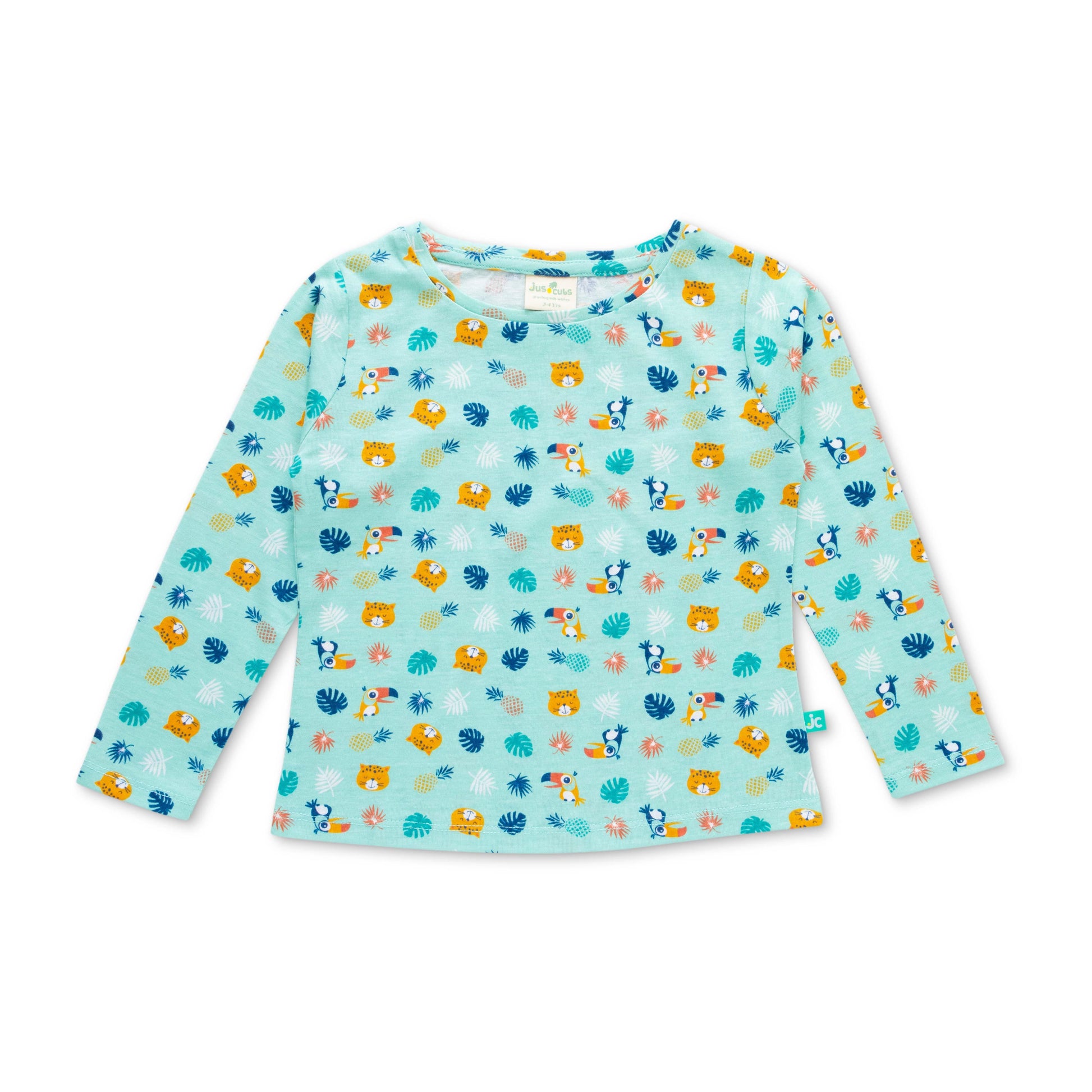 'Girls Aqua Blue Cotton Nightwear Set with Jungle Animal Print – Full Sleeves & Pajama"