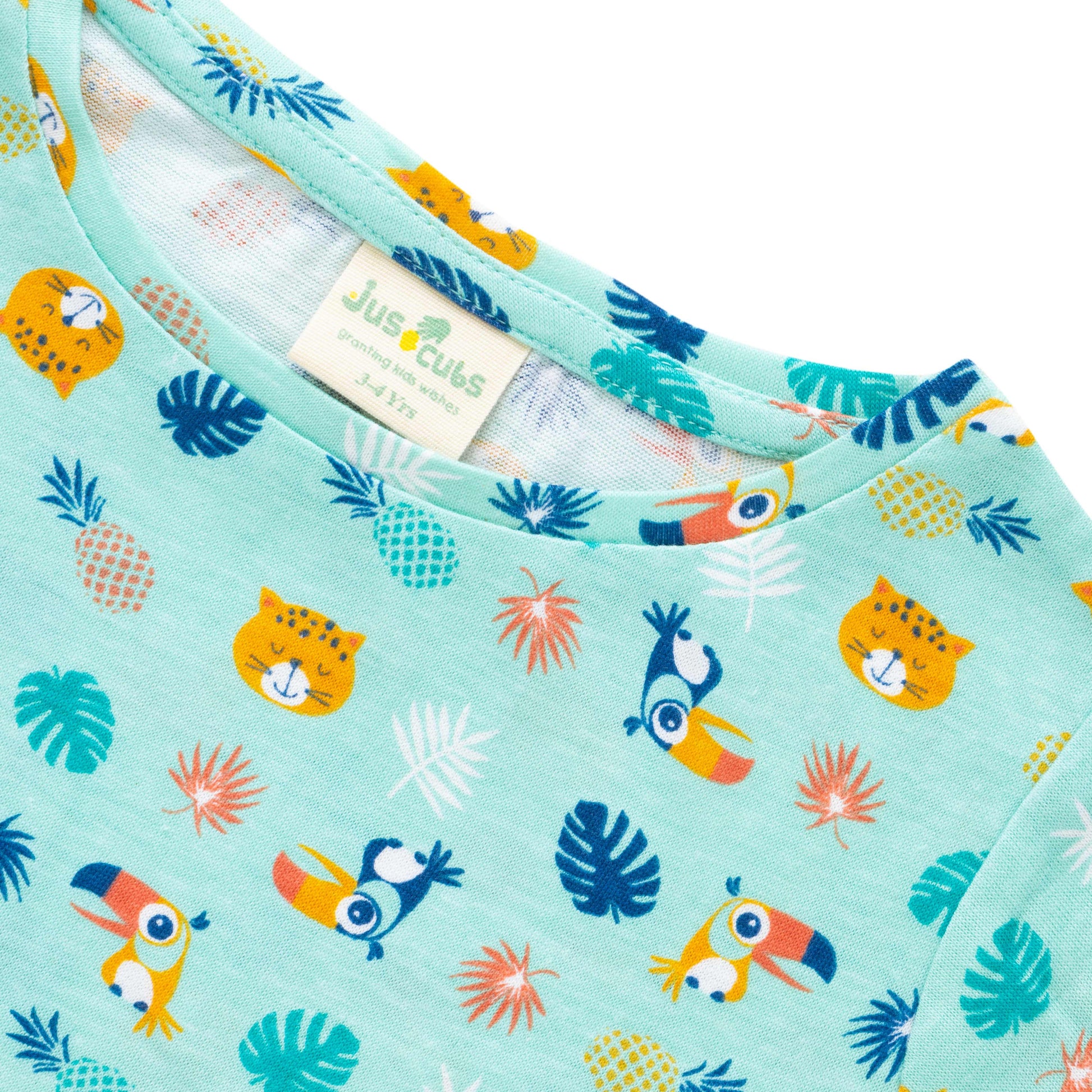 'Girls Aqua Blue Cotton Nightwear Set with Jungle Animal Print – Full Sleeves & Pajama"