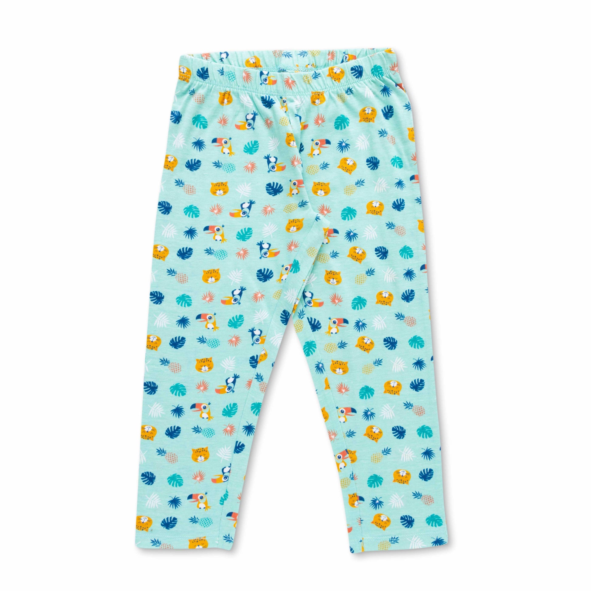 'Girls Aqua Blue Cotton Nightwear Set with Jungle Animal Print – Full Sleeves & Pajama"