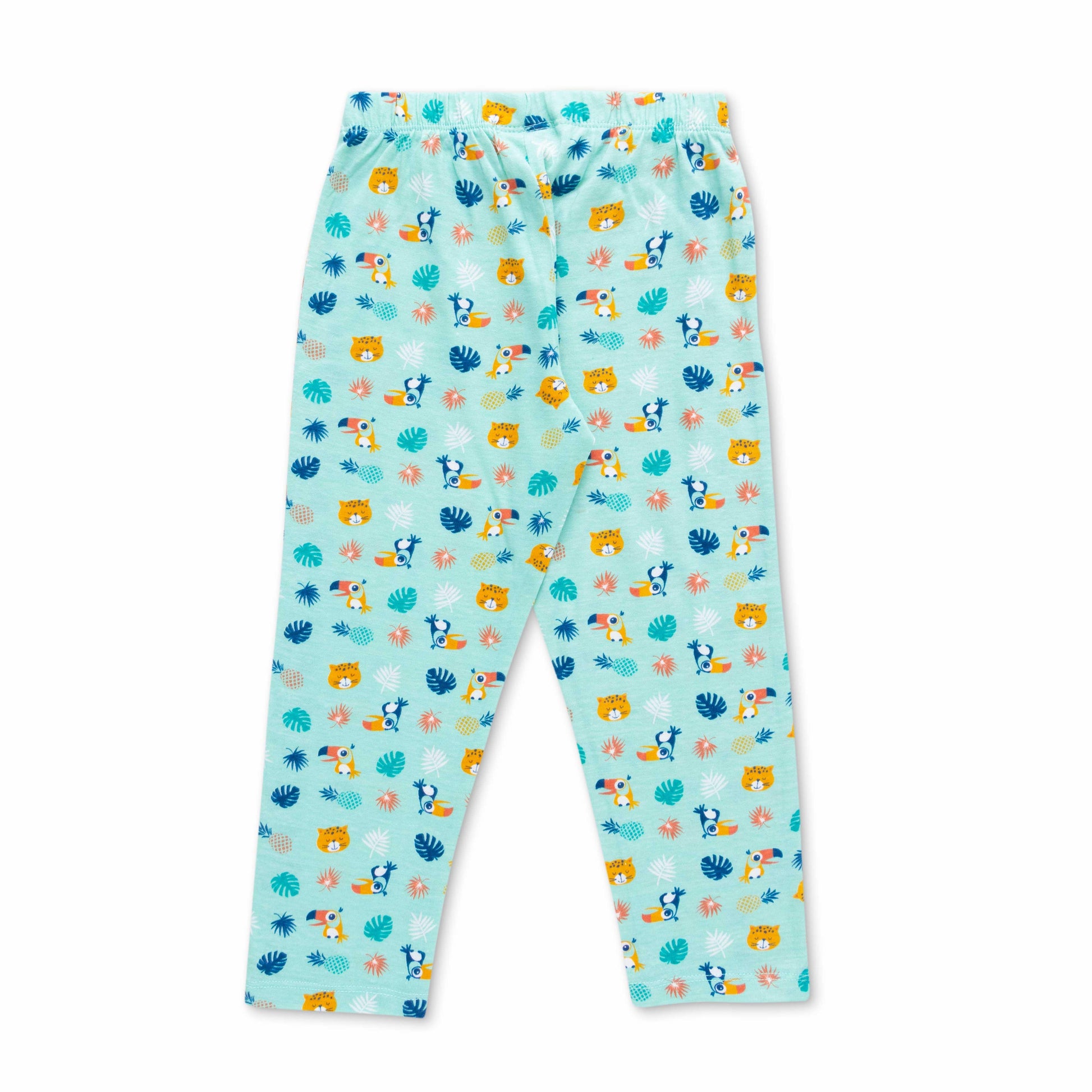 'Girls Aqua Blue Cotton Nightwear Set with Jungle Animal Print – Full Sleeves & Pajama"