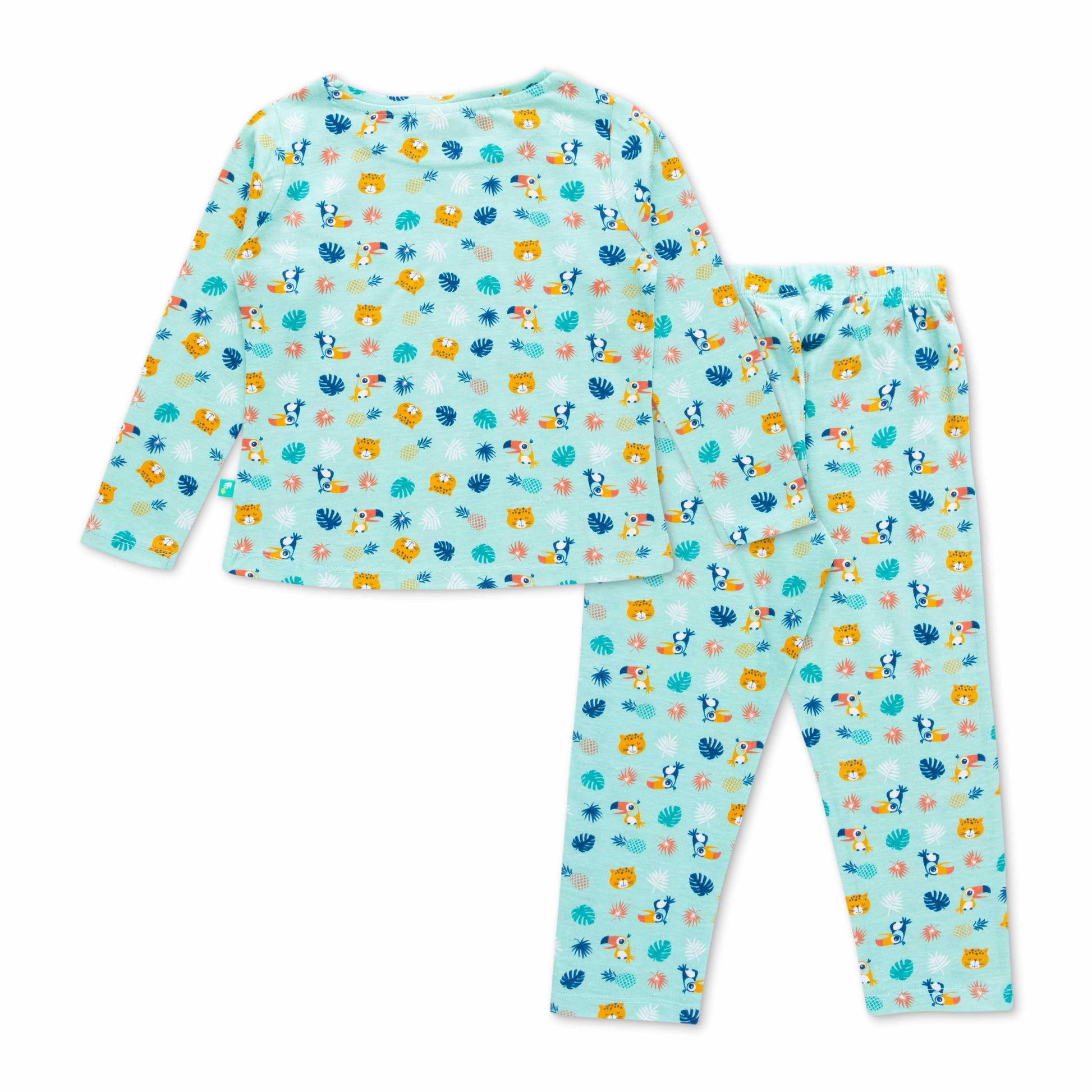 'Girls Aqua Blue Cotton Nightwear Set with Jungle Animal Print – Full Sleeves & Pajama"