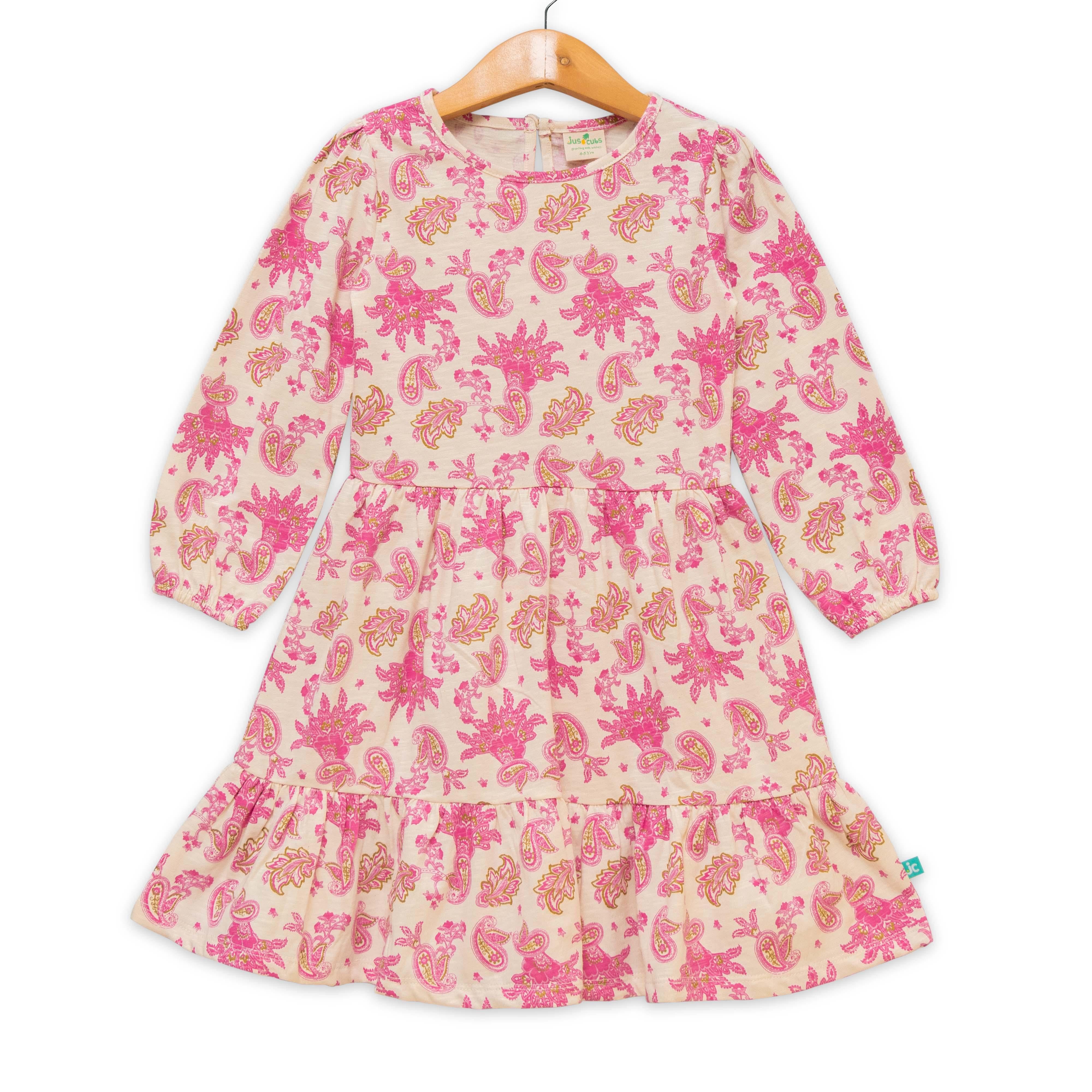 Girls Ethnic Motifs Printed Gathered Or Pleated Cotton A Line Dress - Juscubs