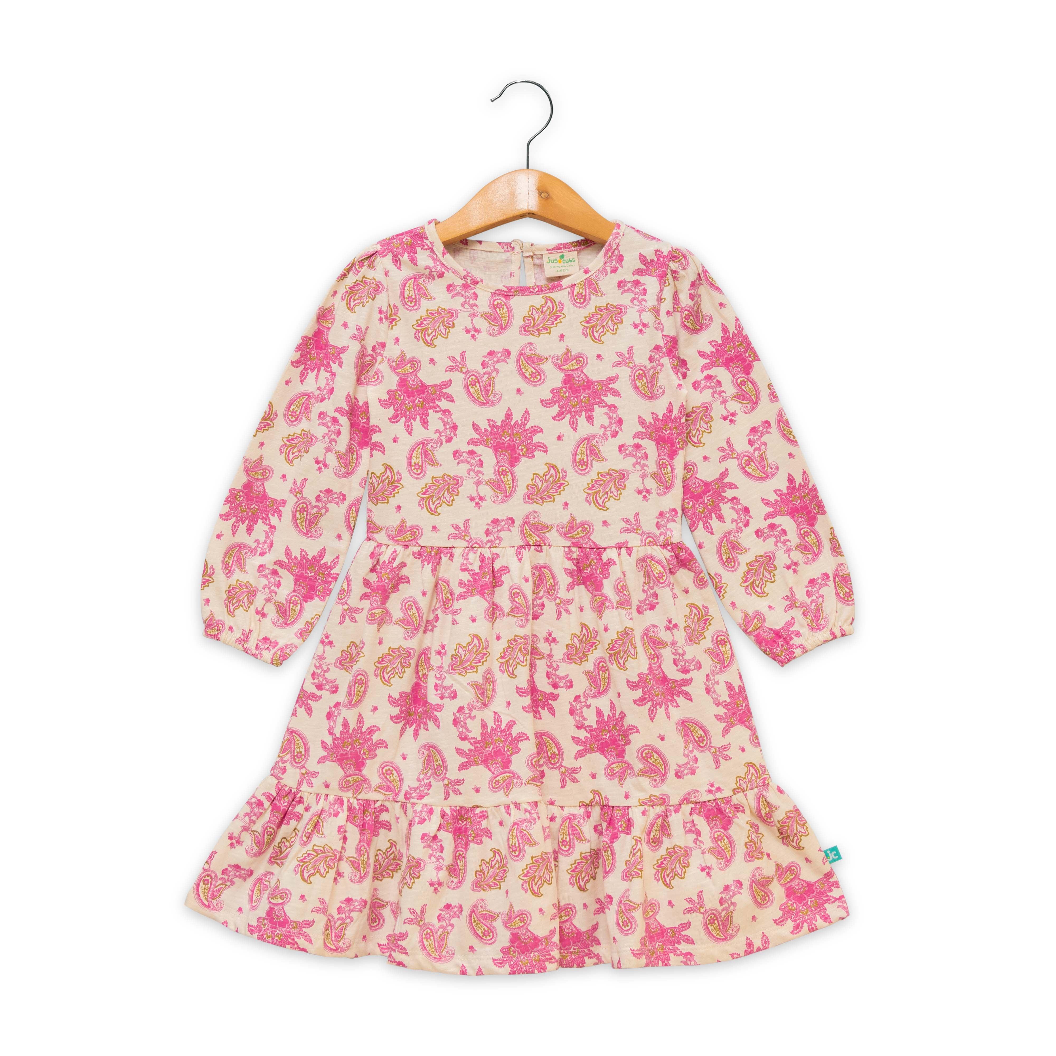 Girls Ethnic Motifs Printed Gathered Or Pleated Cotton A Line Dress - Juscubs