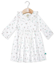 "Girls' Floral Print Long Sleeve Dress with Ruffle Collar – White"