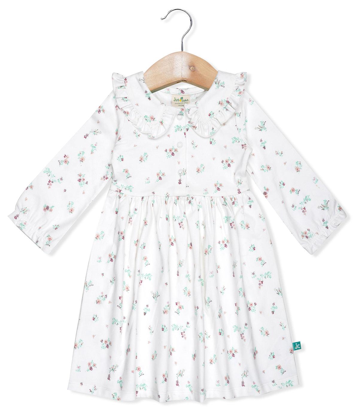 "Girls' Floral Print Long Sleeve Dress with Ruffle Collar – White"