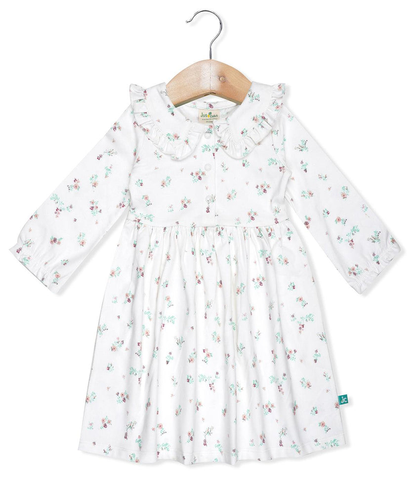 "Girls' Floral Print Long Sleeve Dress with Ruffle Collar – White"
