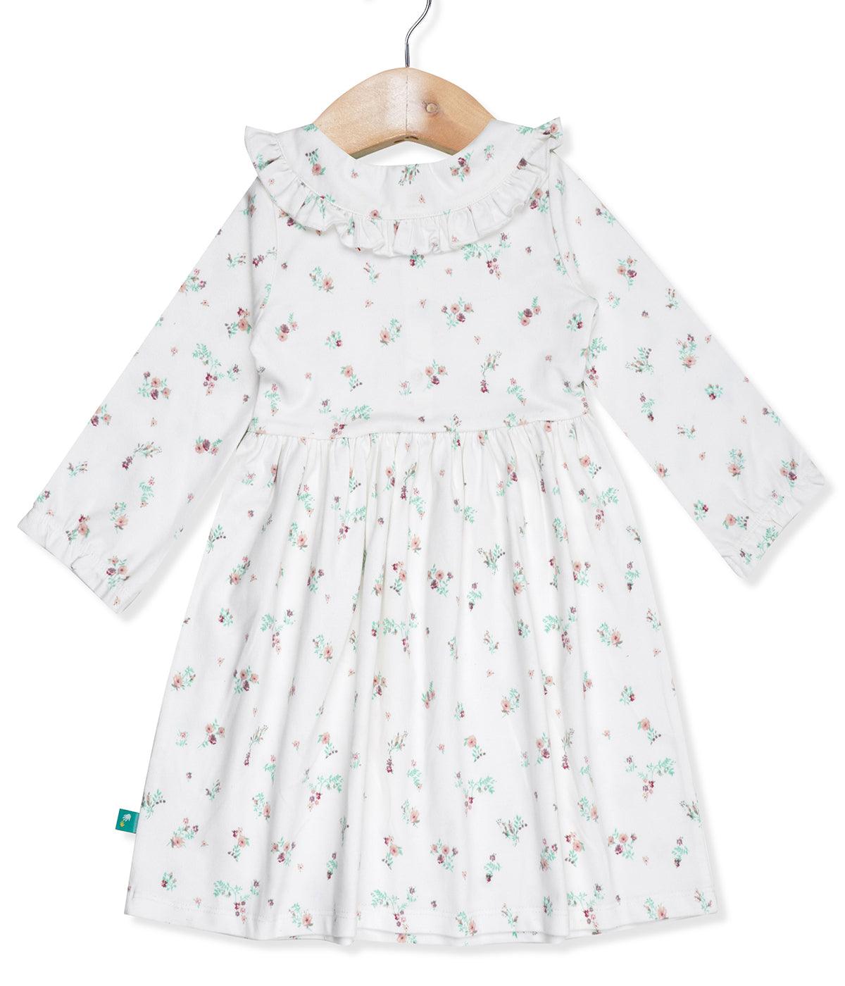 Girls Floral Printed Fit & Flare Dress-White - Juscubs