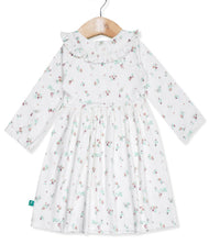 "Girls' Floral Print Long Sleeve Dress with Ruffle Collar – White"