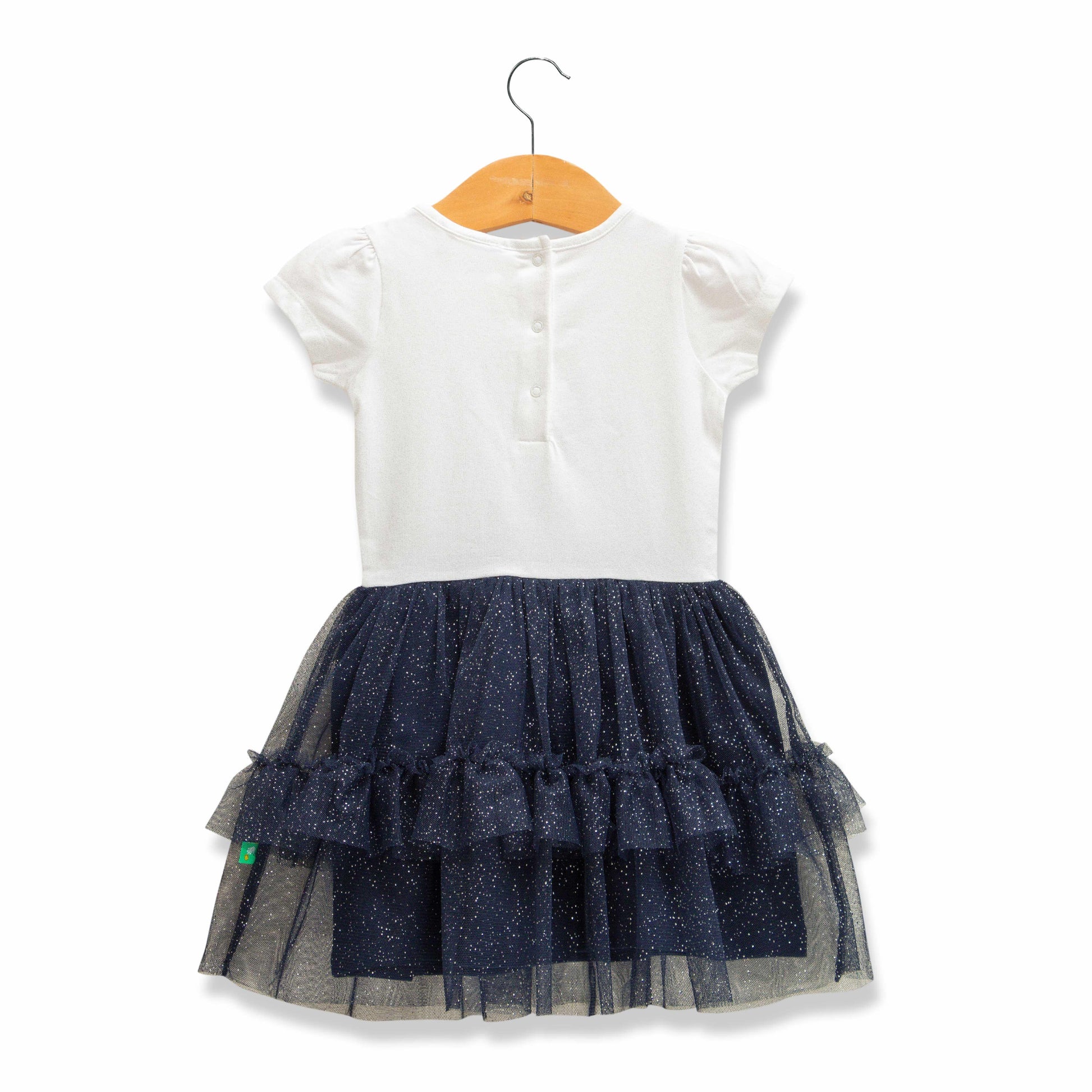 Baby Girls' White & Navy Blue Tulle Dress – Sparkle Layered Skirt, Short Sleeve, Party Wear